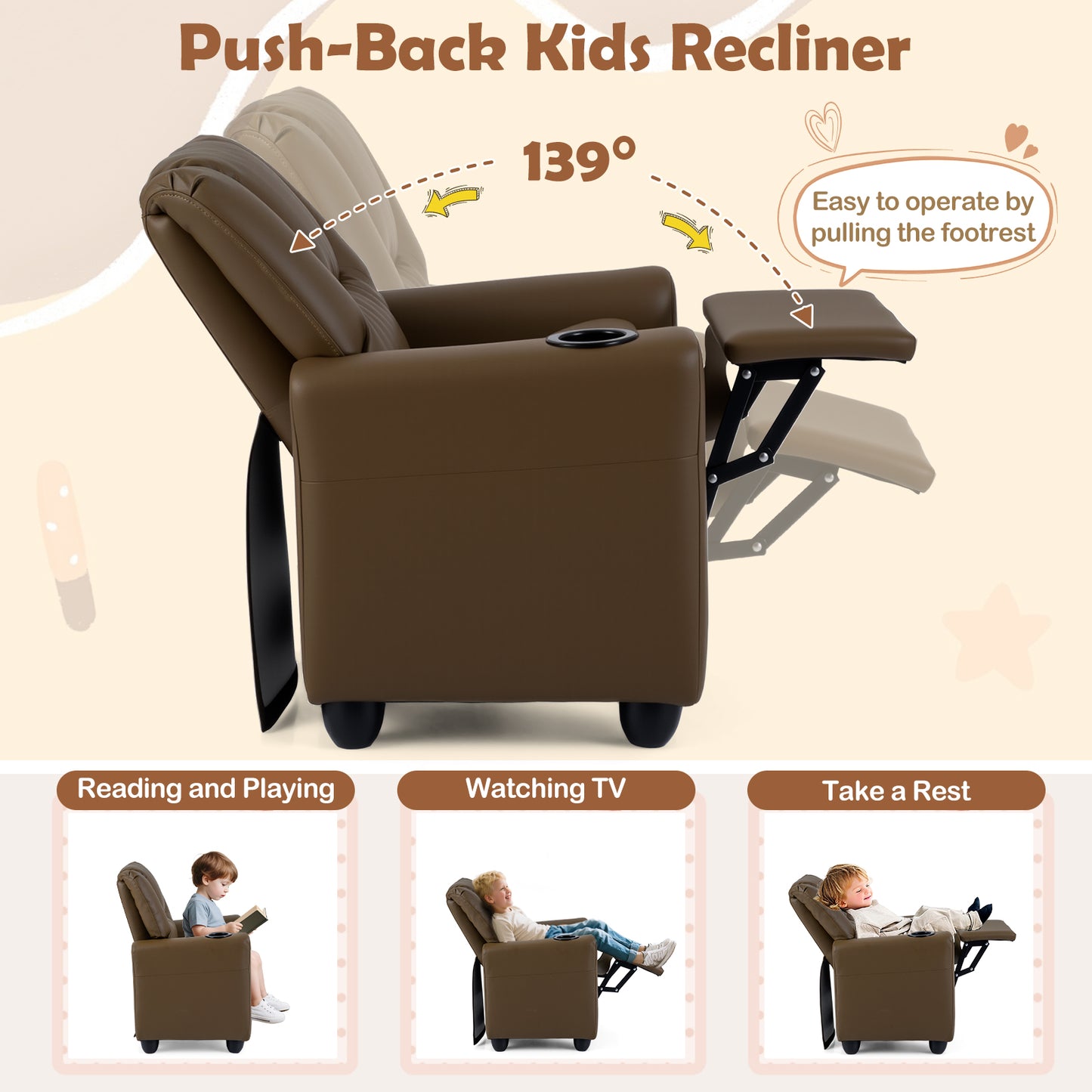 Kids Recliner Chair, Push Back Toddler Armchair With Cup Holder, Brown Kids Chairs & Seating at Gallery Canada