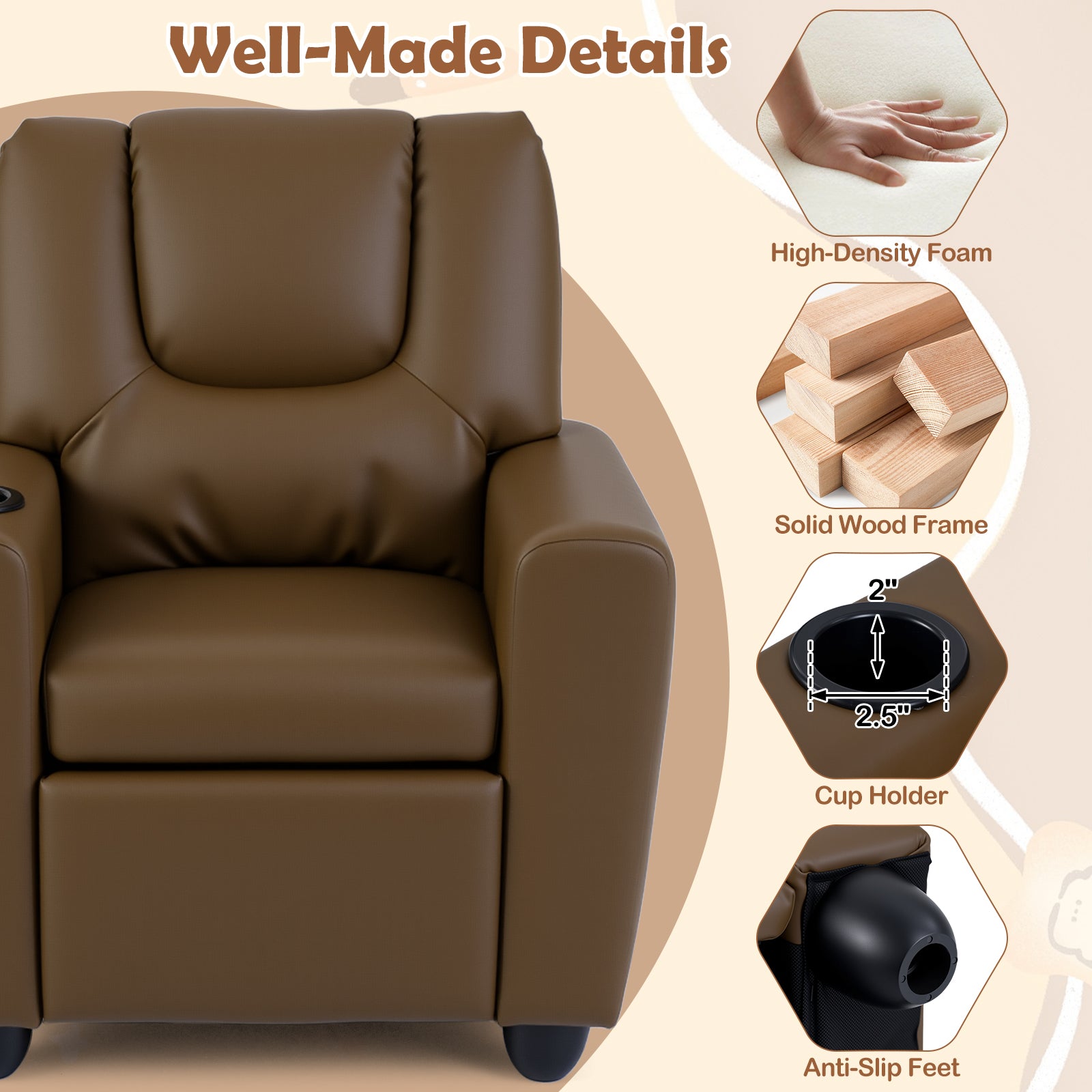Kids Recliner Chair, Push Back Toddler Armchair With Cup Holder, Brown Kids Chairs & Seating at Gallery Canada
