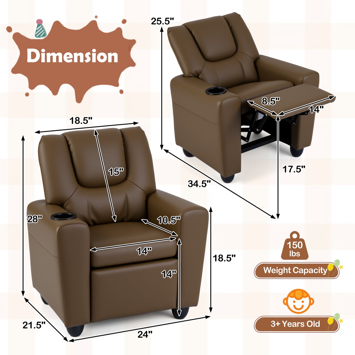 Kids Recliner Chair, Push Back Toddler Armchair With Cup Holder, Brown Kids Chairs & Seating at Gallery Canada
