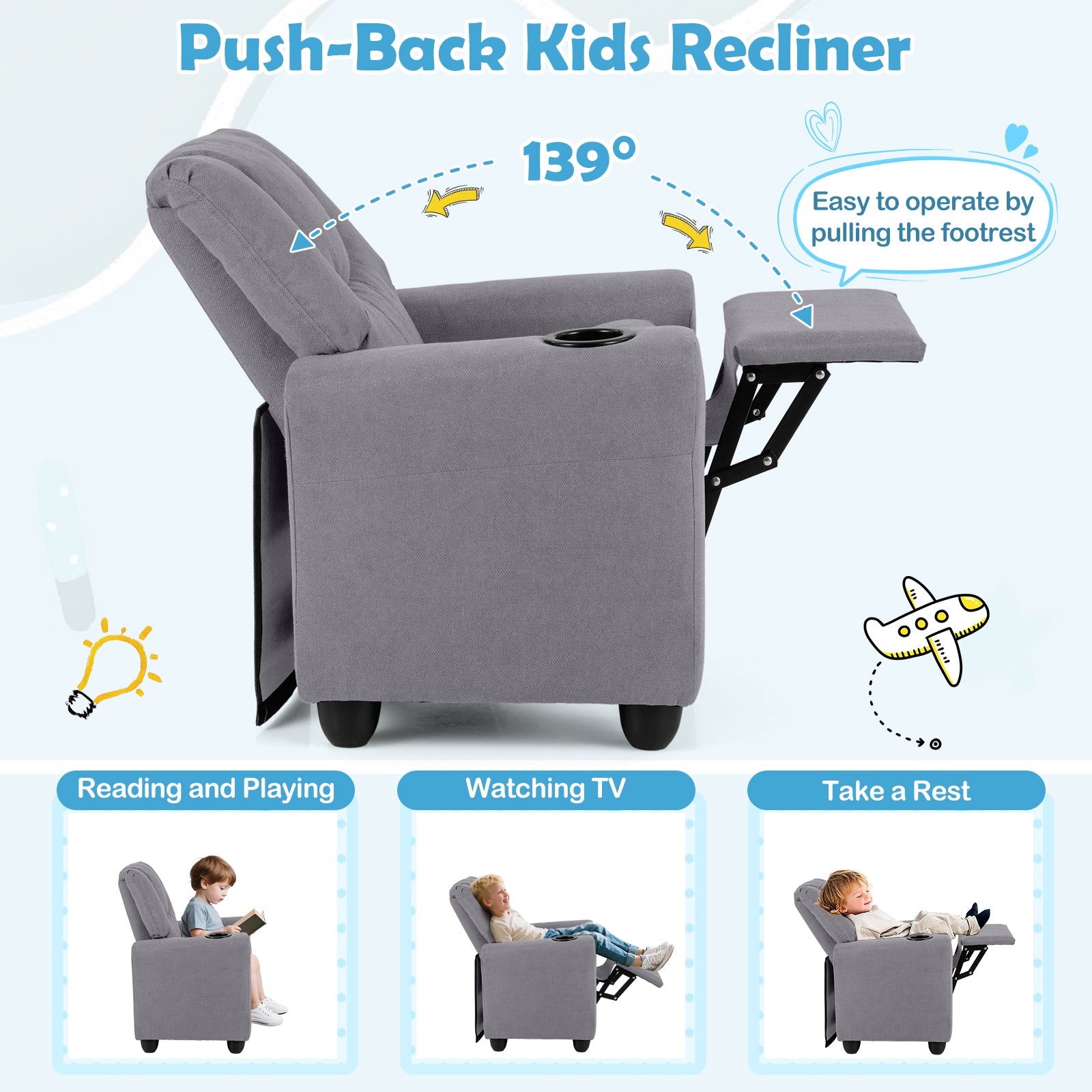 Kids Recliner Chair, Push Back, Toddler Armchair, Gray Kids Chairs & Seating at Gallery Canada