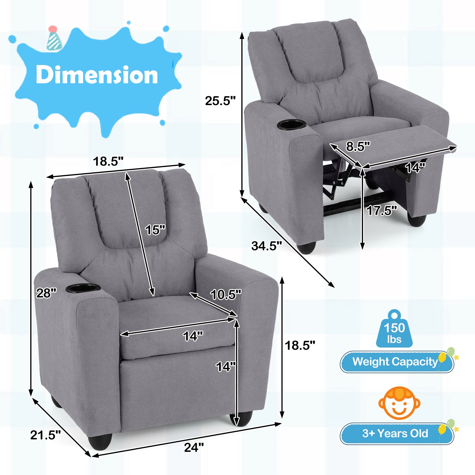Kids Recliner Chair, Push Back, Toddler Armchair, Gray Kids Chairs & Seating at Gallery Canada