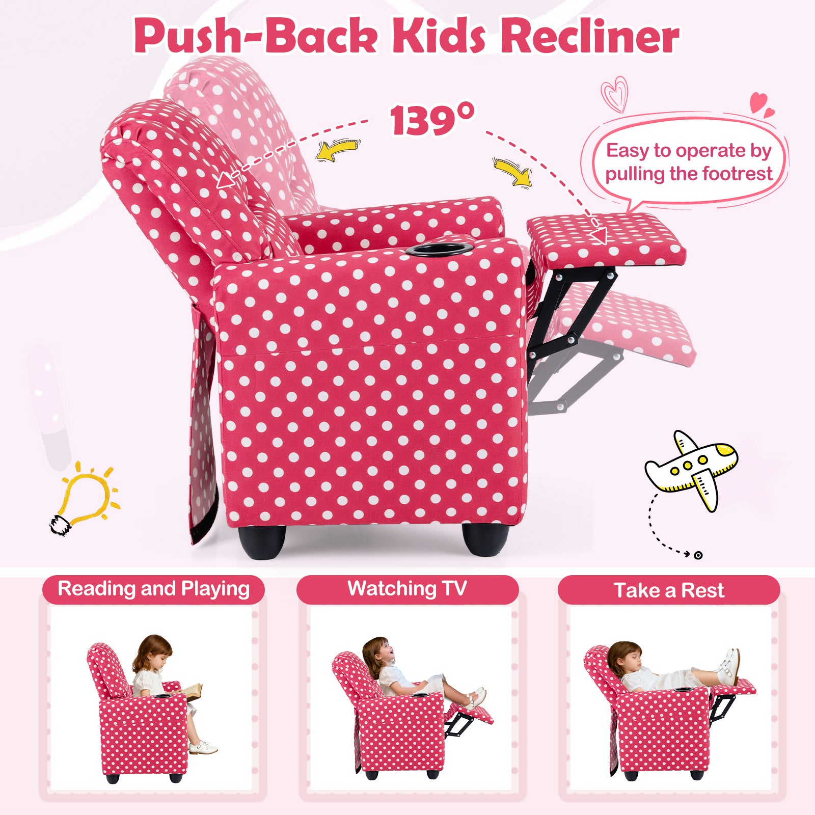 Kids Recliner Chair, Push Back Toddler Armchair With Cup Holder, Red Kids Chairs & Seating at Gallery Canada