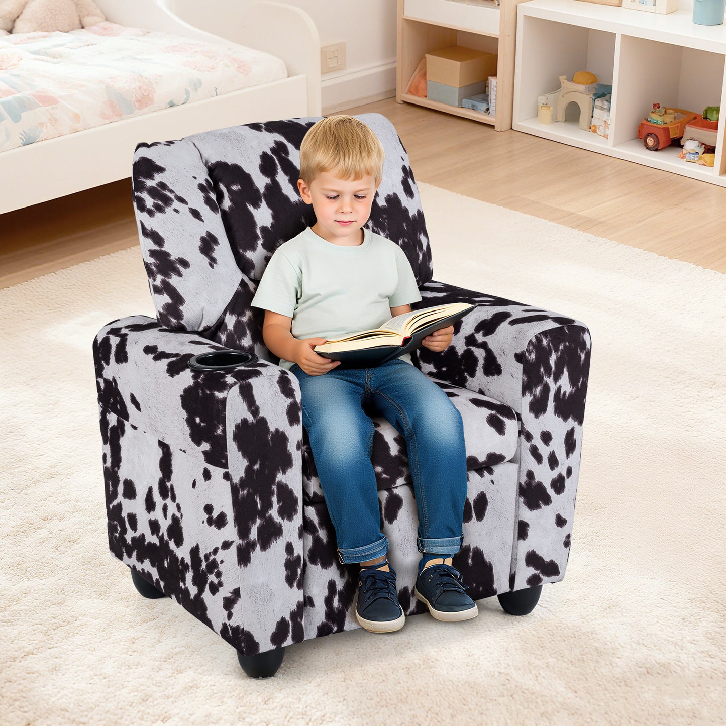 Kids Recliner Chair, Push Back Toddler Armchair With Cup Holder, White, Black Kids Chairs & Seating at Gallery Canada