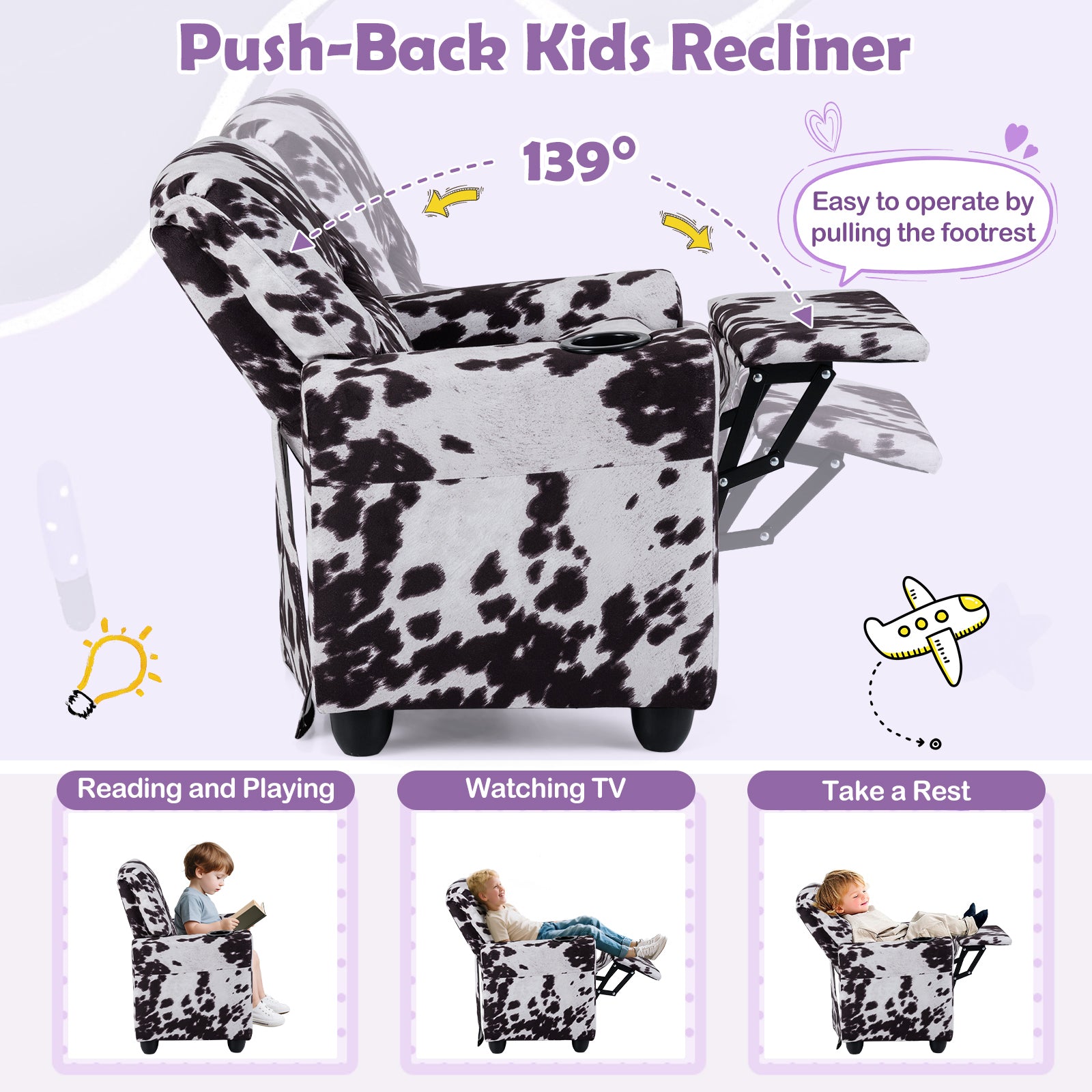Kids Recliner Chair, Push Back Toddler Armchair With Cup Holder, White, Black Kids Chairs & Seating at Gallery Canada