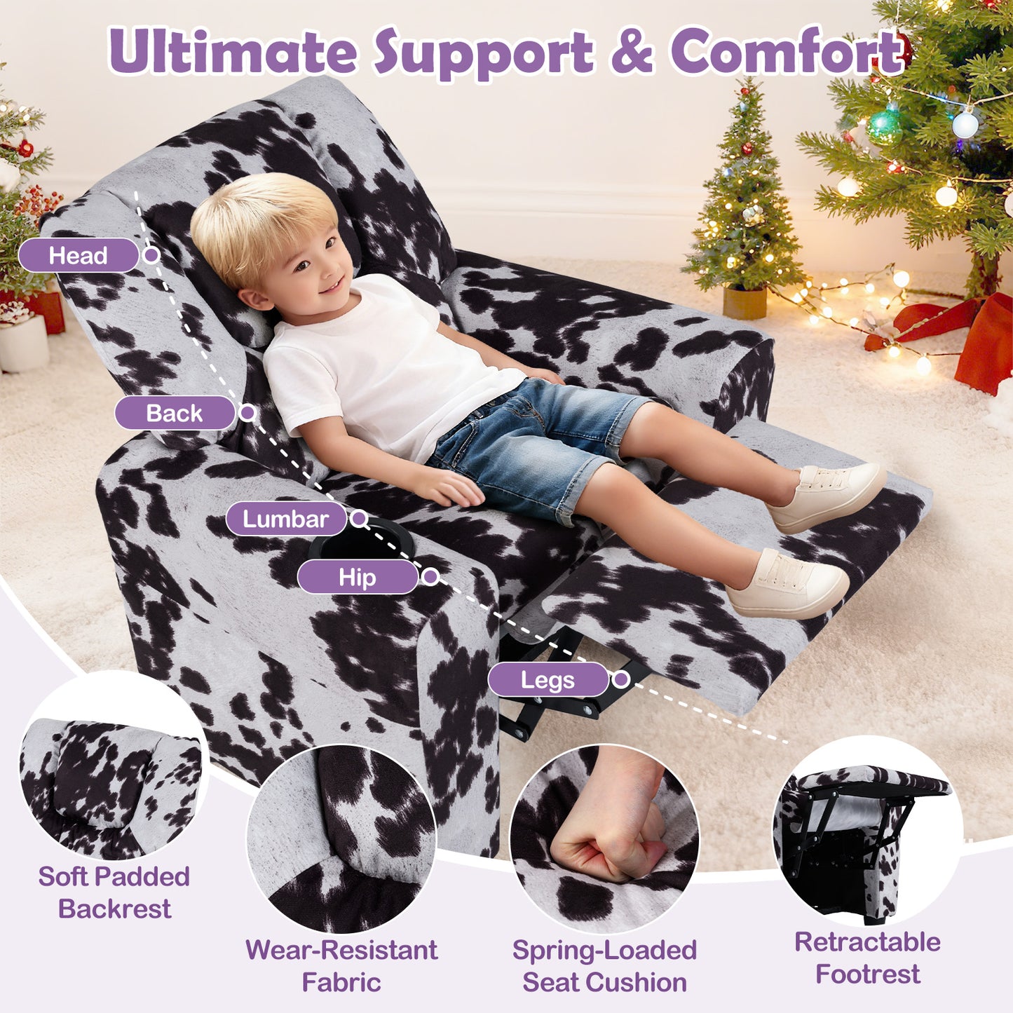 Kids Recliner Chair, Push Back Toddler Armchair With Cup Holder, White, Black Kids Chairs & Seating at Gallery Canada