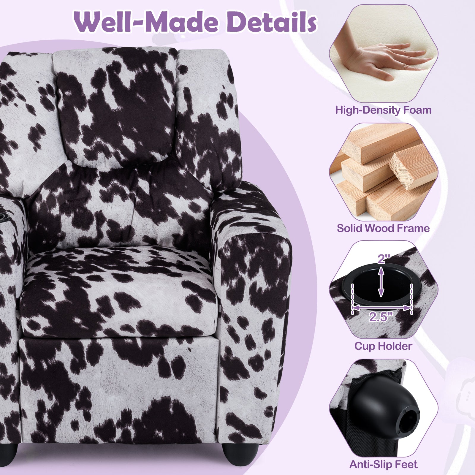 Kids Recliner Chair, Push Back Toddler Armchair With Cup Holder, White, Black Kids Chairs & Seating at Gallery Canada