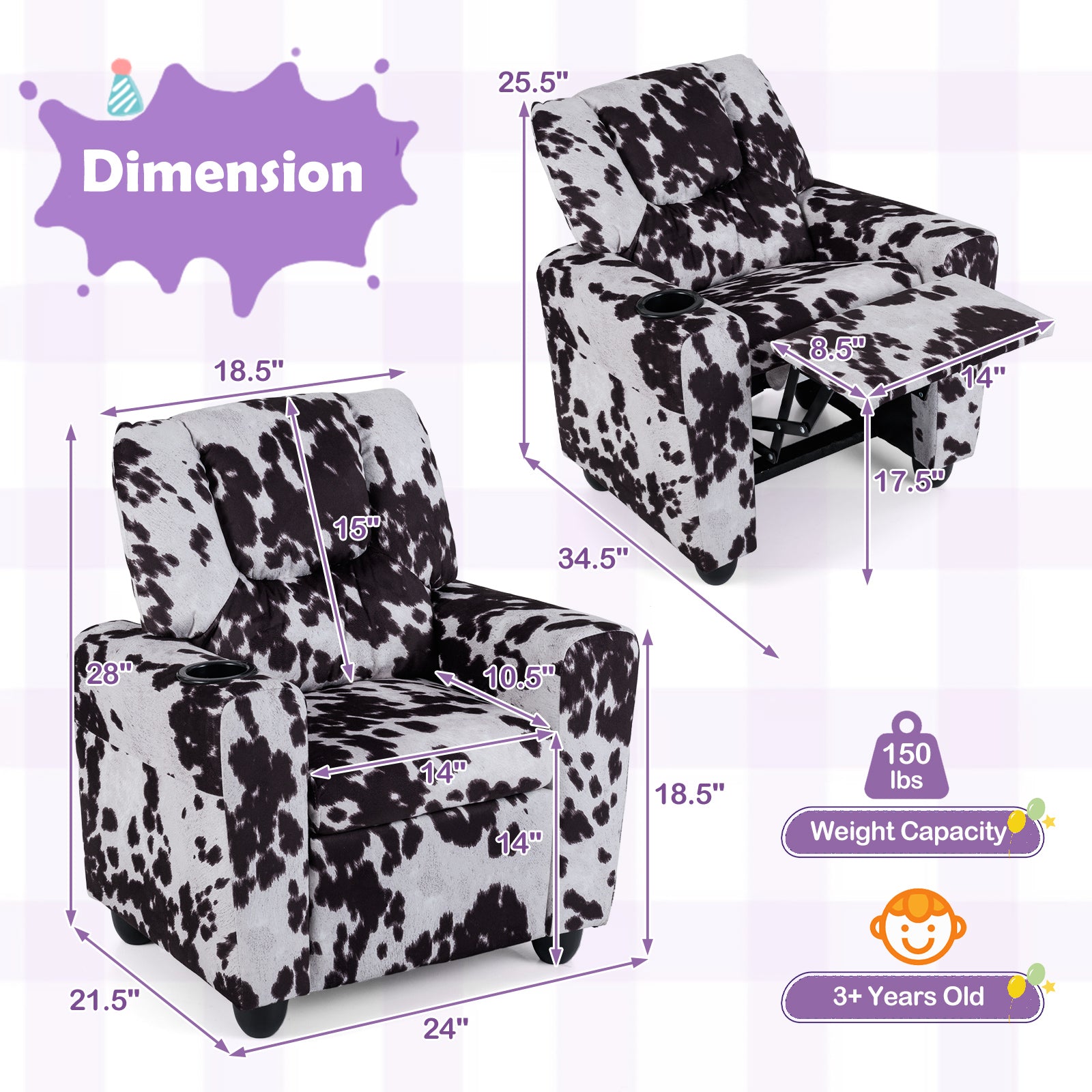 Kids Recliner Chair, Push Back Toddler Armchair With Cup Holder, White, Black Kids Chairs & Seating at Gallery Canada
