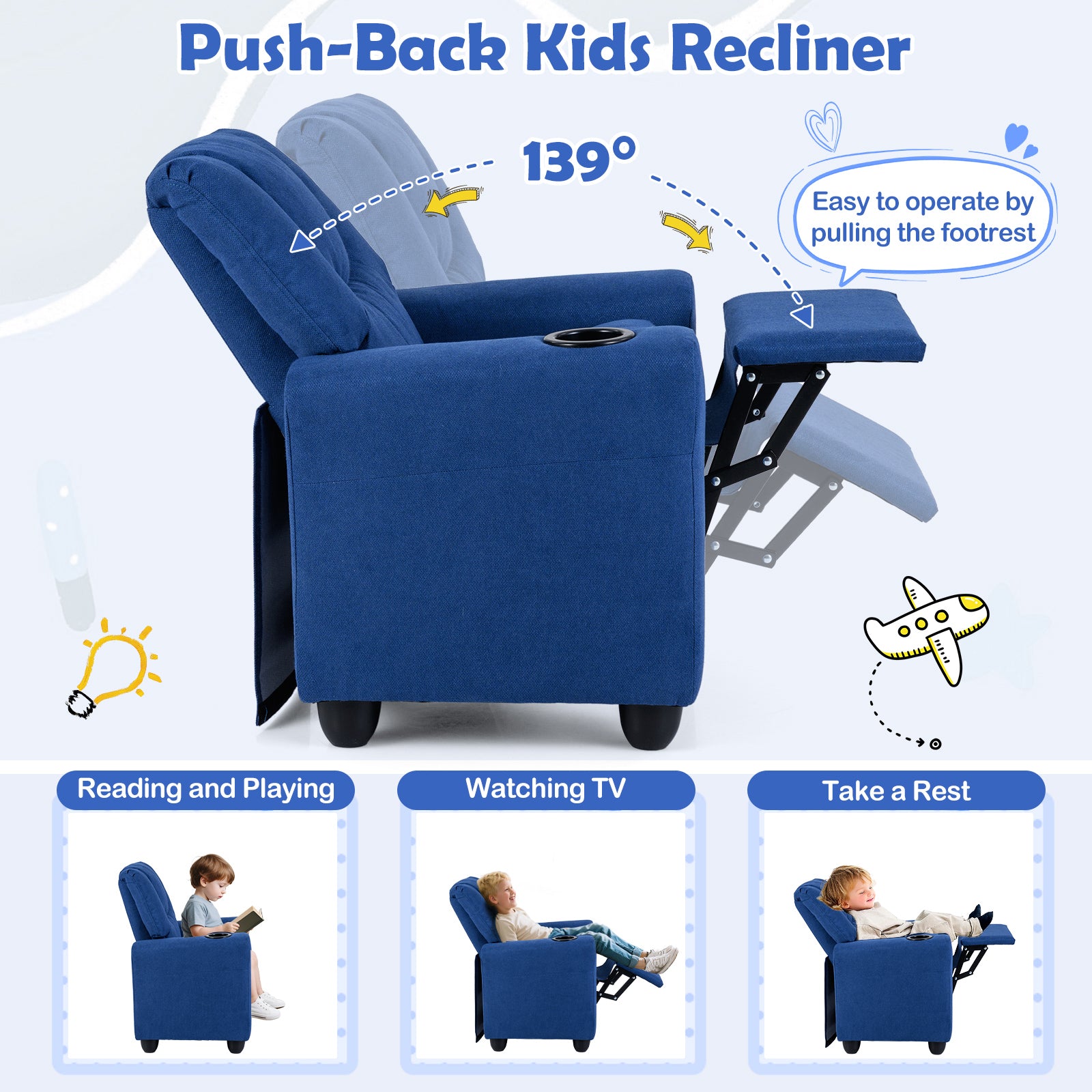 Kids Recliner Chair, Push Back, Blue Kids Chairs & Seating at Gallery Canada