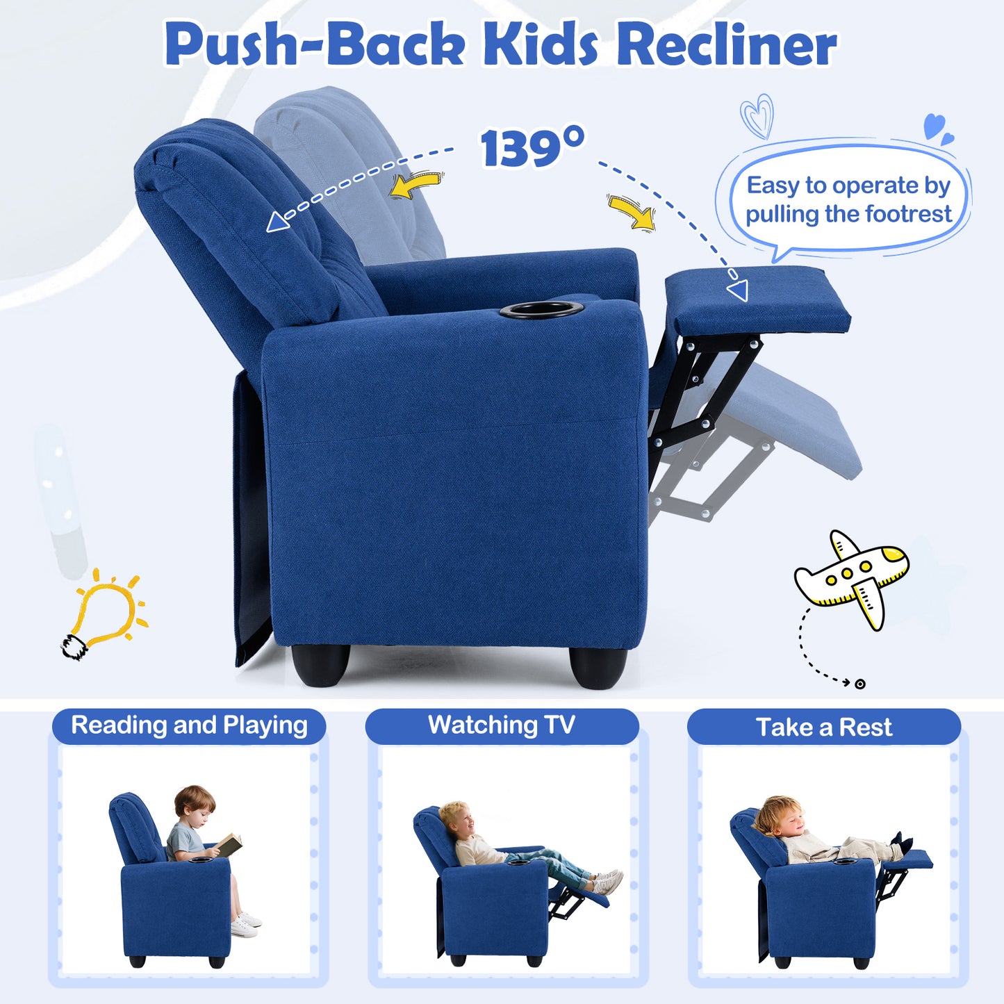 Kids Recliner Chair, Push Back, Blue Kids Chairs & Seating at Gallery Canada