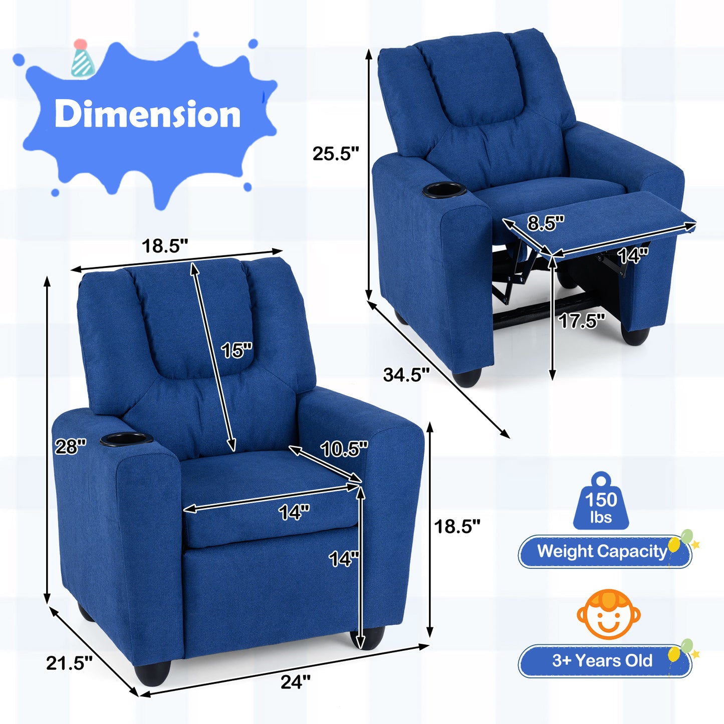 Kids Recliner Chair, Push Back, Blue Kids Chairs & Seating at Gallery Canada