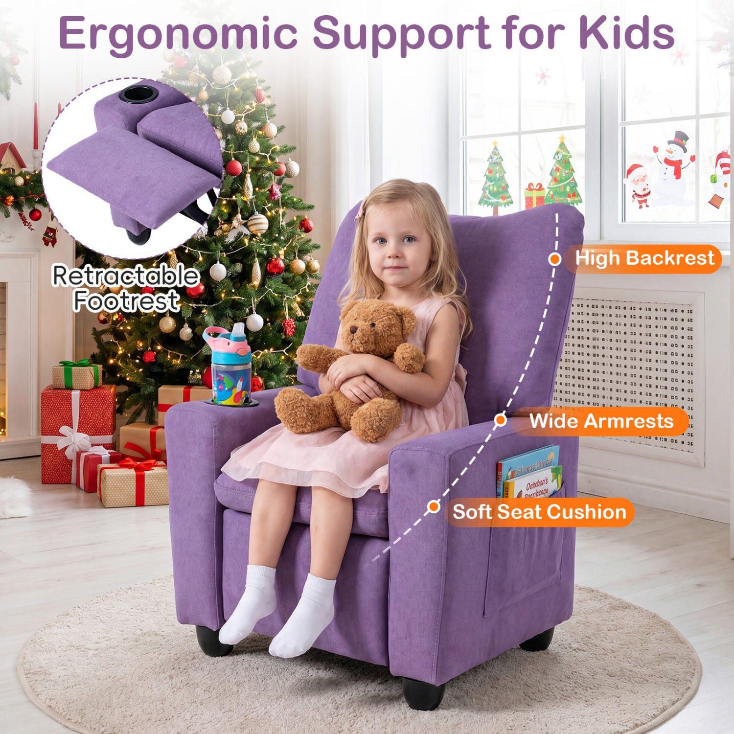 Kids Recliner Toddler Single Sofa with Adjustable Footrest and Cup Holder, Purple Kids Chairs & Seating at Gallery Canada