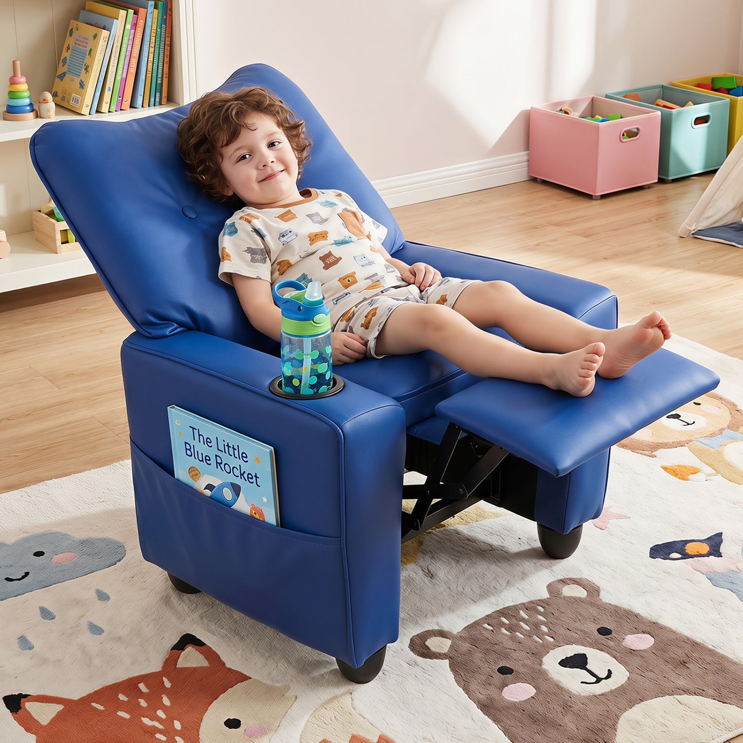 Fauteuil inclinable pour enfants avec porte-gobelet, bleu