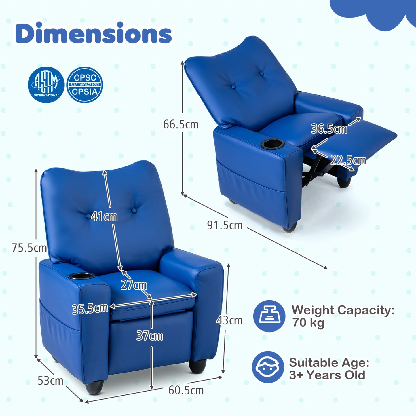 Fauteuil inclinable pour enfants avec porte-gobelet, bleu