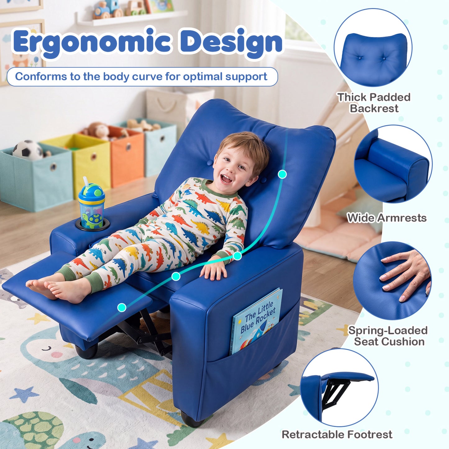 Fauteuil inclinable pour enfants avec porte-gobelet, bleu