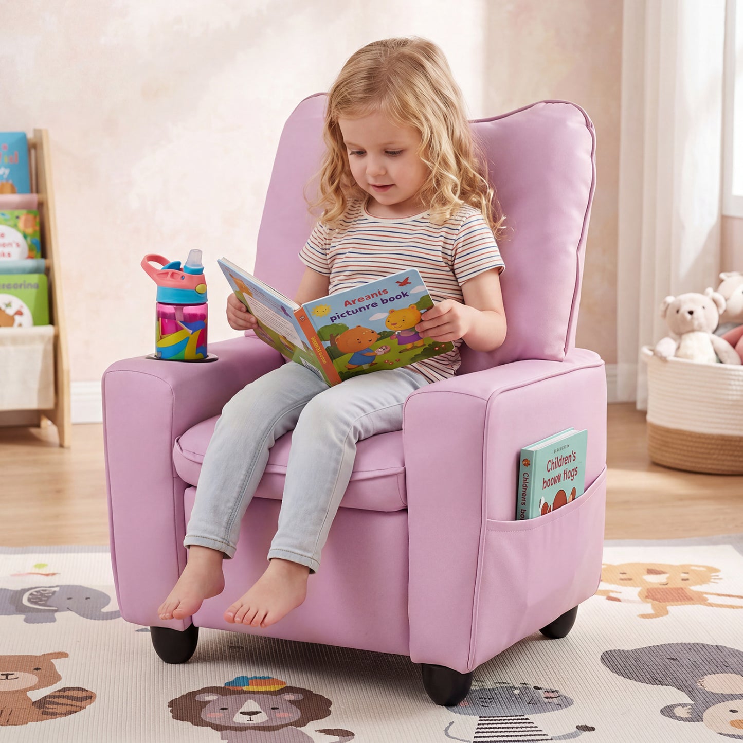 Fauteuil inclinable pour enfants avec porte-gobelet, rose