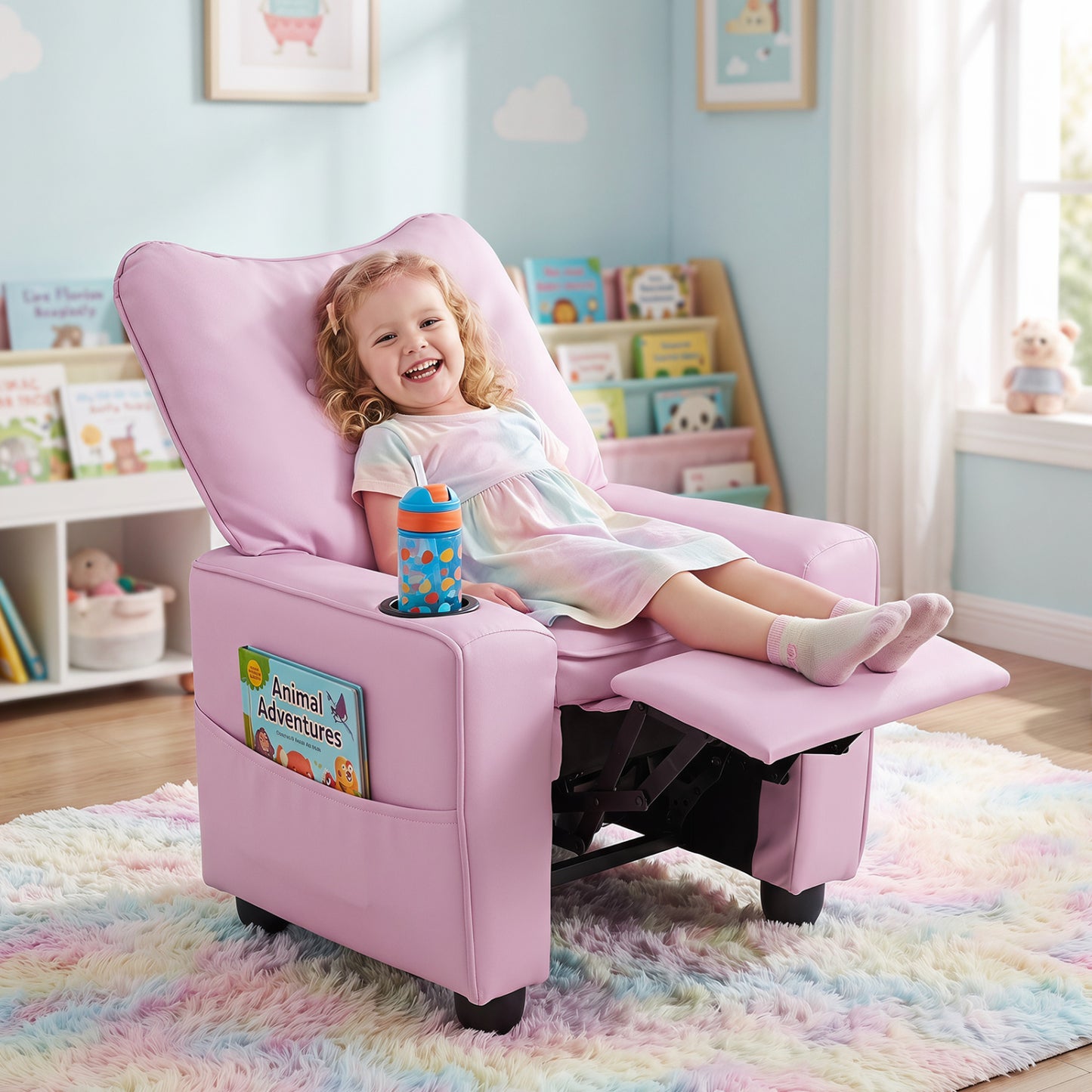 Fauteuil inclinable pour enfants avec porte-gobelet, rose