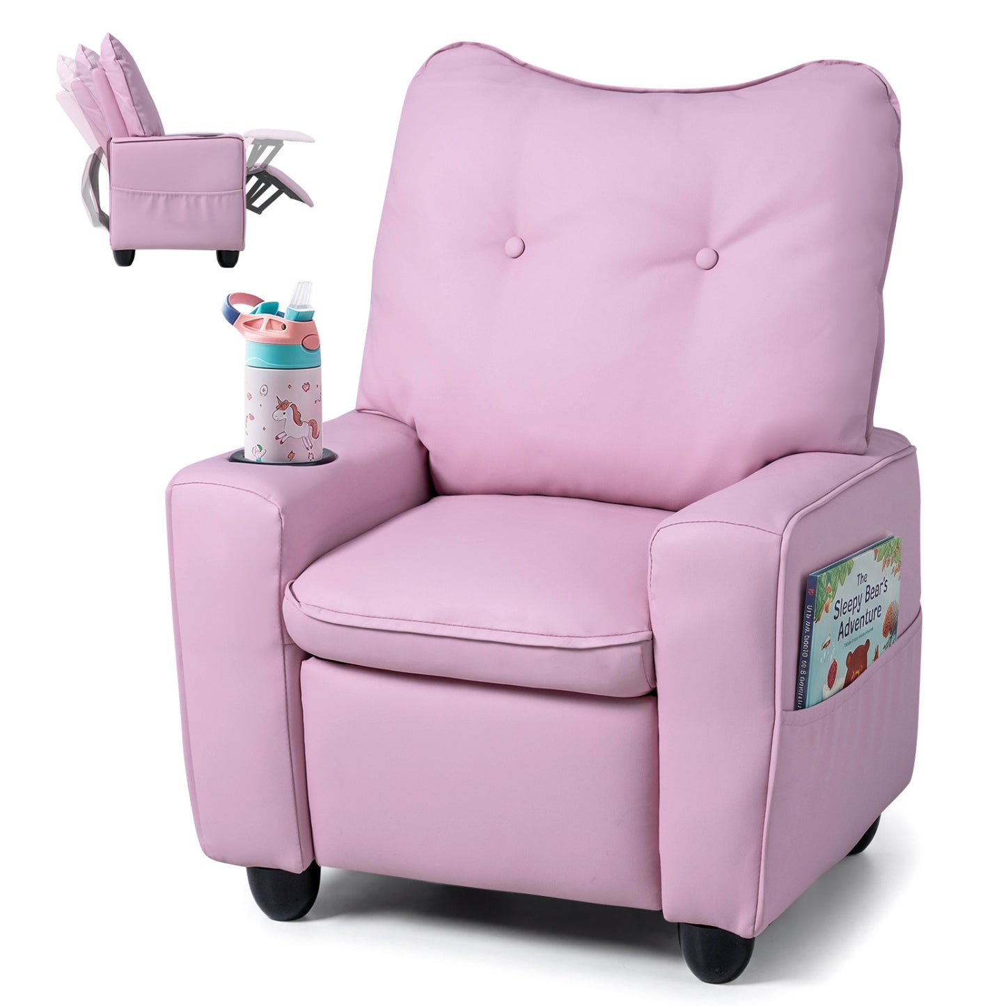 Fauteuil inclinable pour enfants avec porte-gobelet, rose