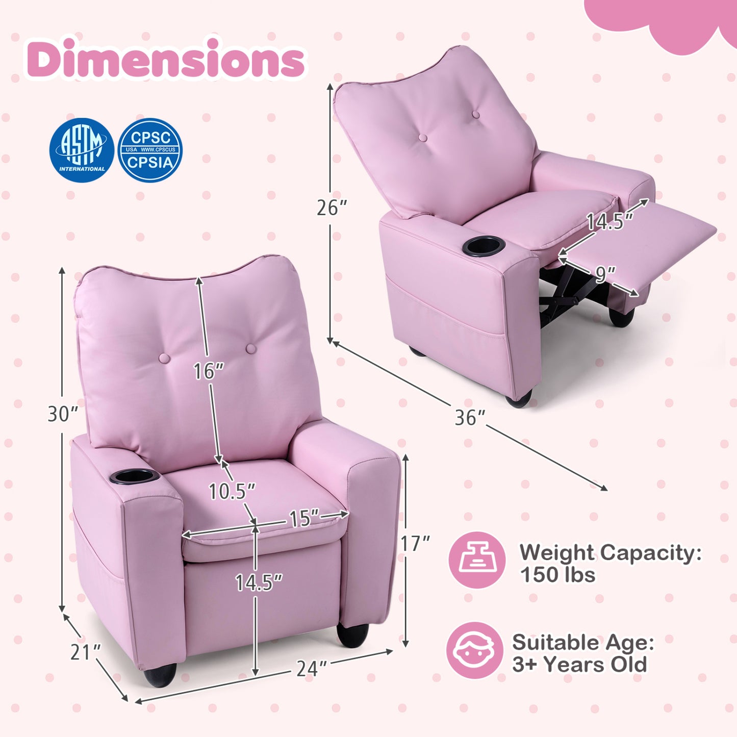 Fauteuil inclinable pour enfants avec porte-gobelet, rose