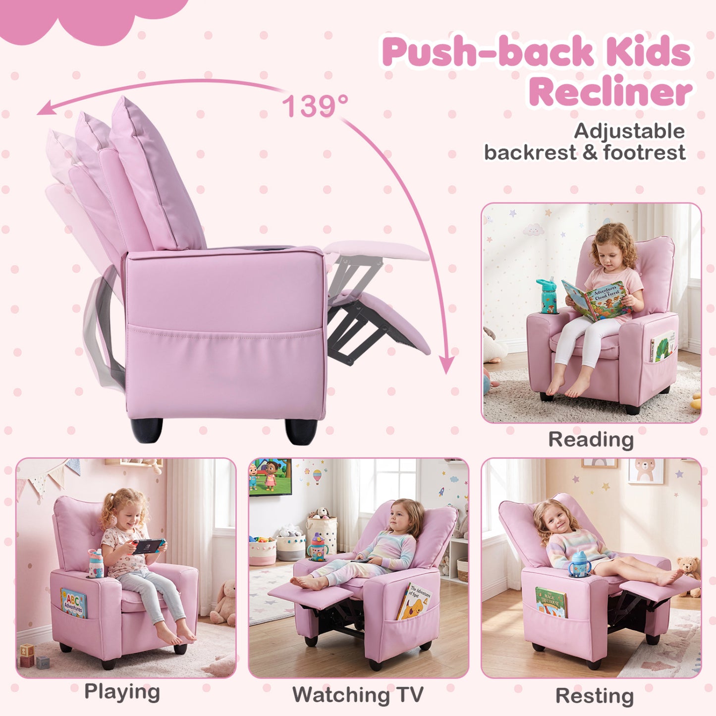 Fauteuil inclinable pour enfants avec porte-gobelet, rose