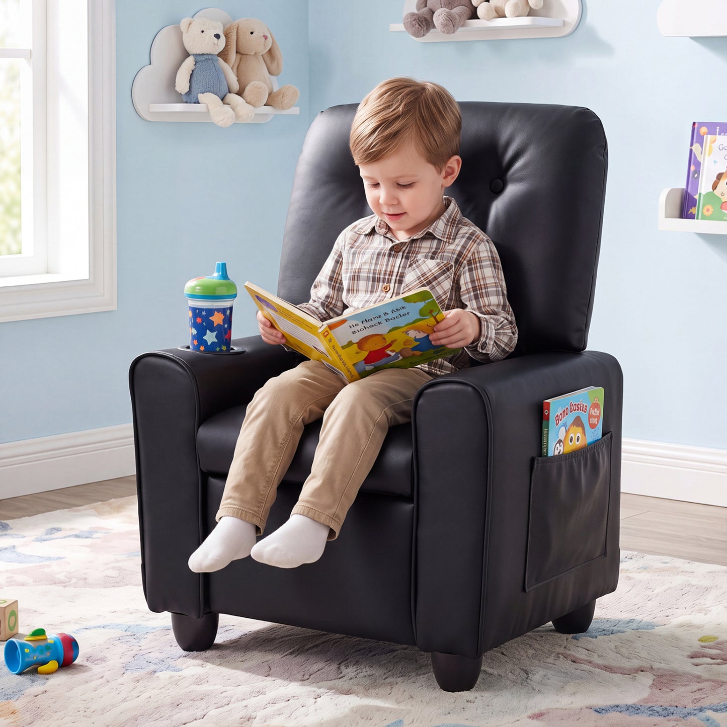 Fauteuil inclinable pour enfants avec porte-gobelet, dossier réglable, noir