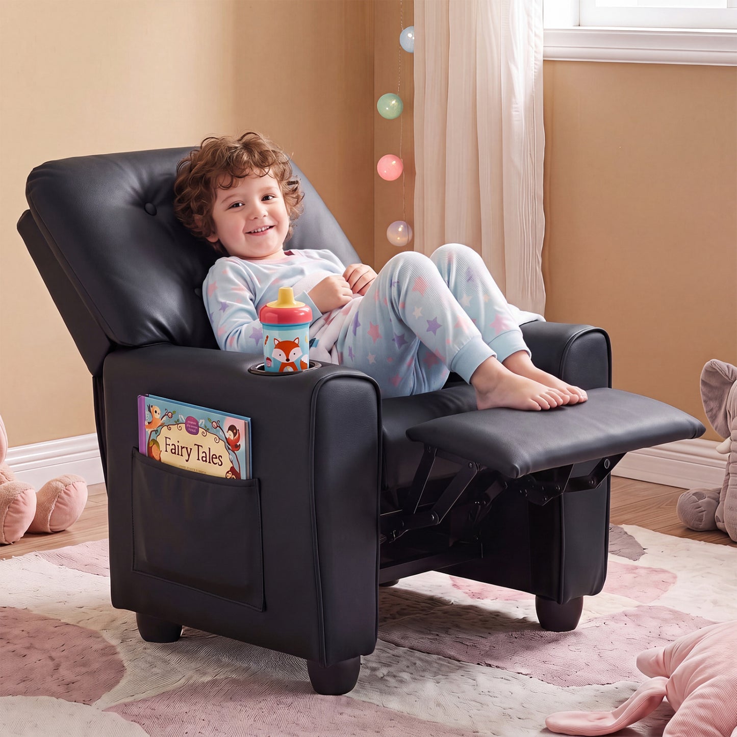 Fauteuil inclinable pour enfants avec porte-gobelet, dossier réglable, noir
