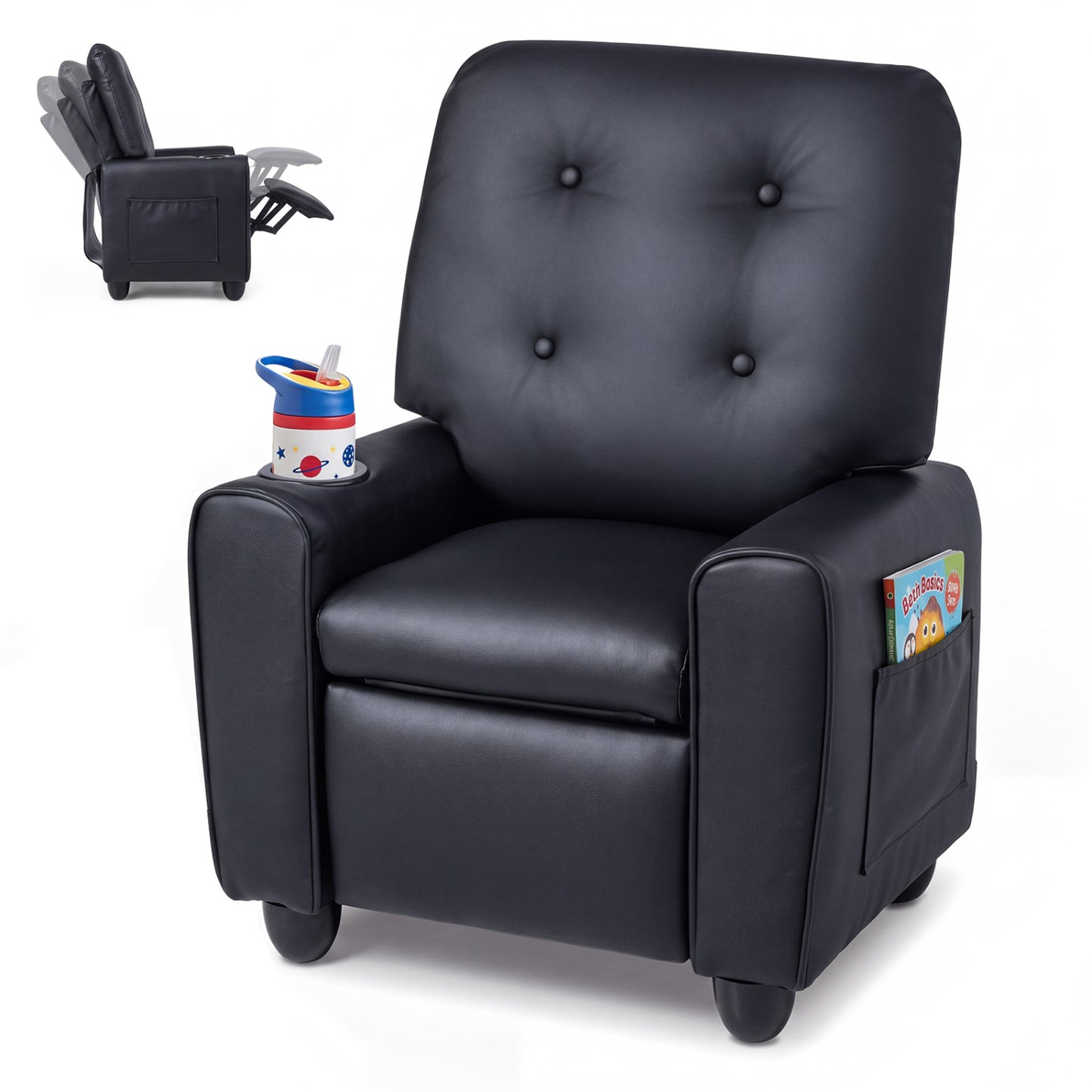 Fauteuil inclinable pour enfants avec porte-gobelet, dossier réglable, noir