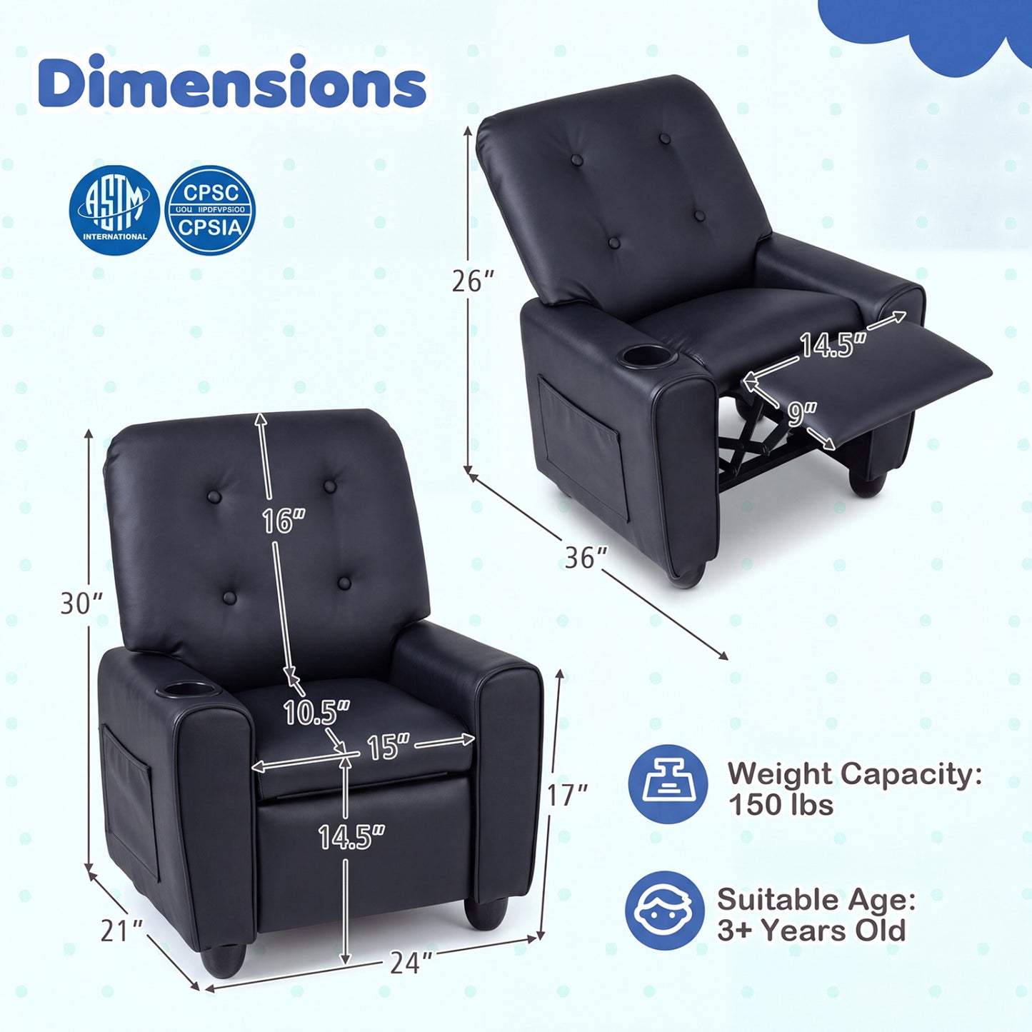 Fauteuil inclinable pour enfants avec porte-gobelet, dossier réglable, noir