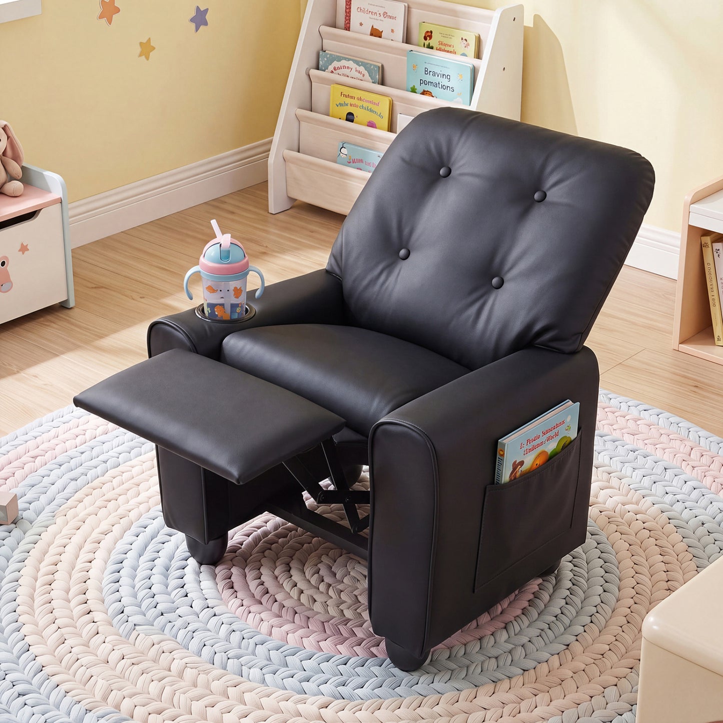 Fauteuil inclinable pour enfants avec porte-gobelet, dossier réglable, noir