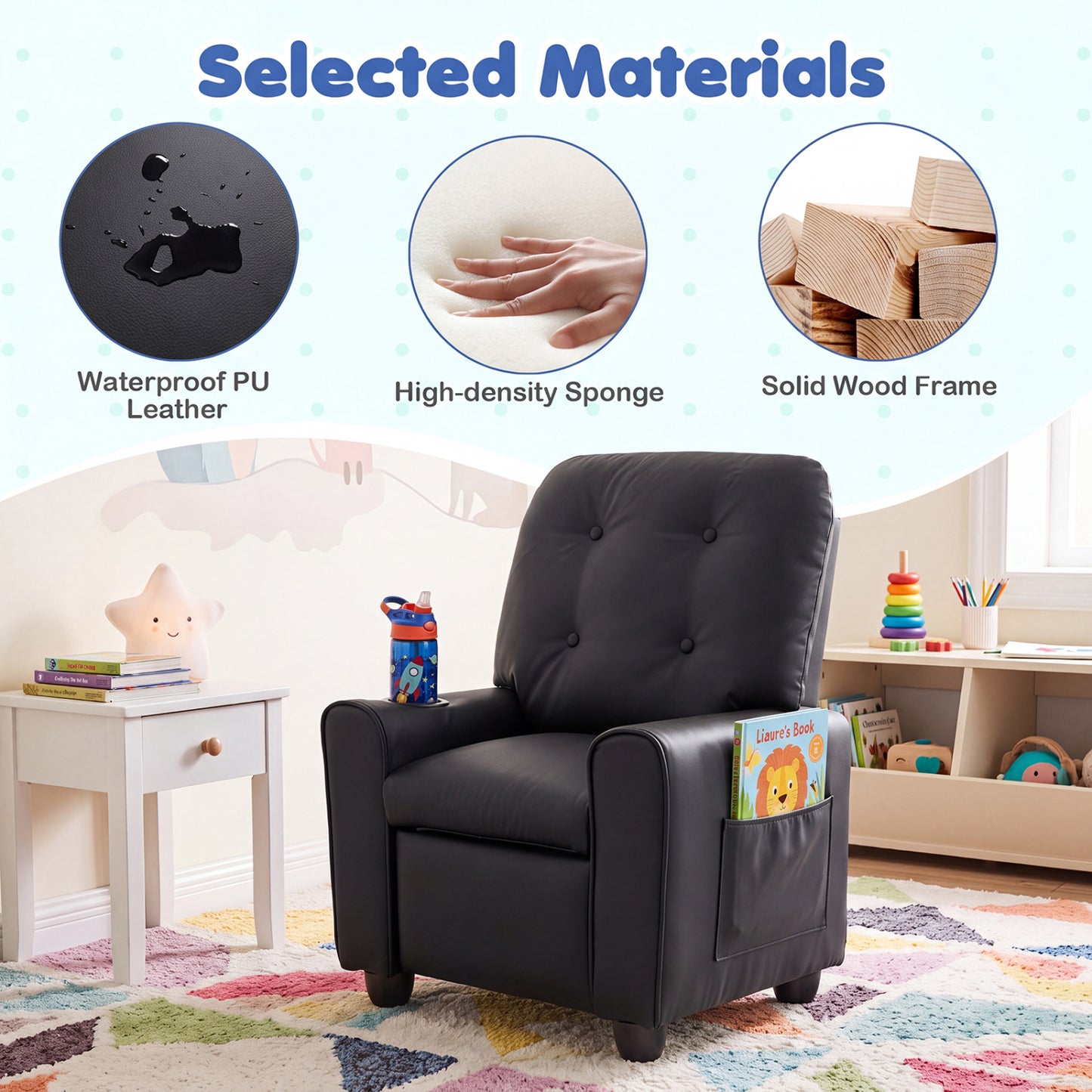 Fauteuil inclinable pour enfants avec porte-gobelet, dossier réglable, noir