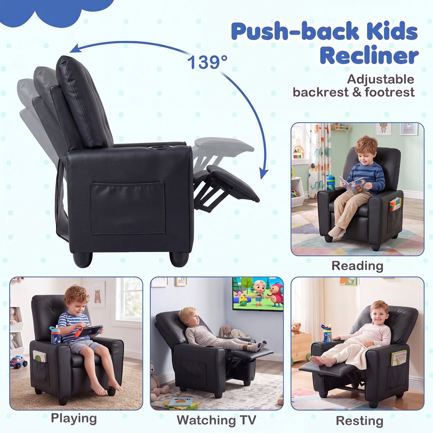 Fauteuil inclinable pour enfants avec porte-gobelet, dossier réglable, noir