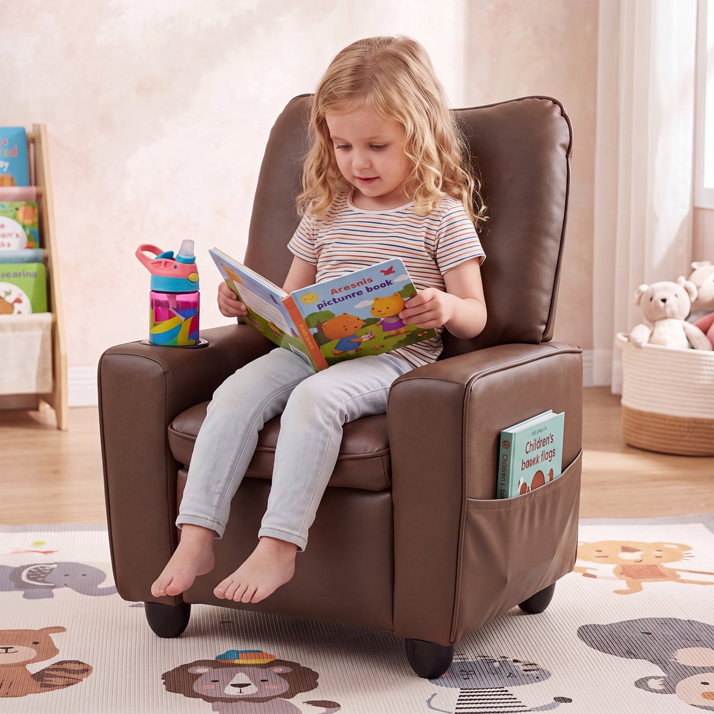 Fauteuil inclinable pour enfants avec porte-gobelet, dossier réglable, marron