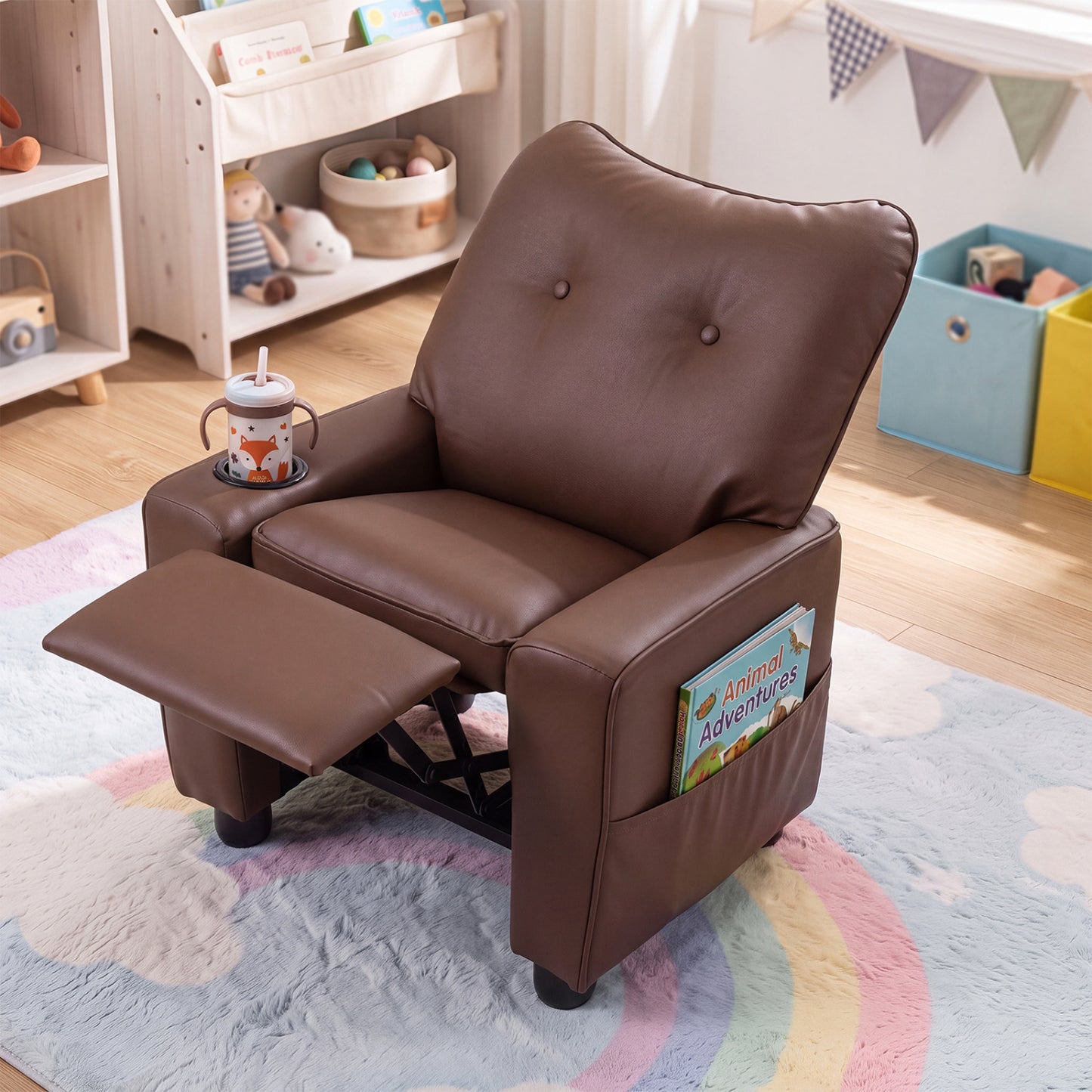 Fauteuil inclinable pour enfants avec porte-gobelet, dossier réglable, marron