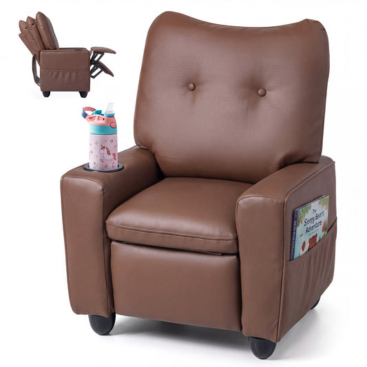 Kids Recliner with Cup Holder, Adjustable Backrest, Brown Kids Chairs & Seating Brown at Gallery Canada