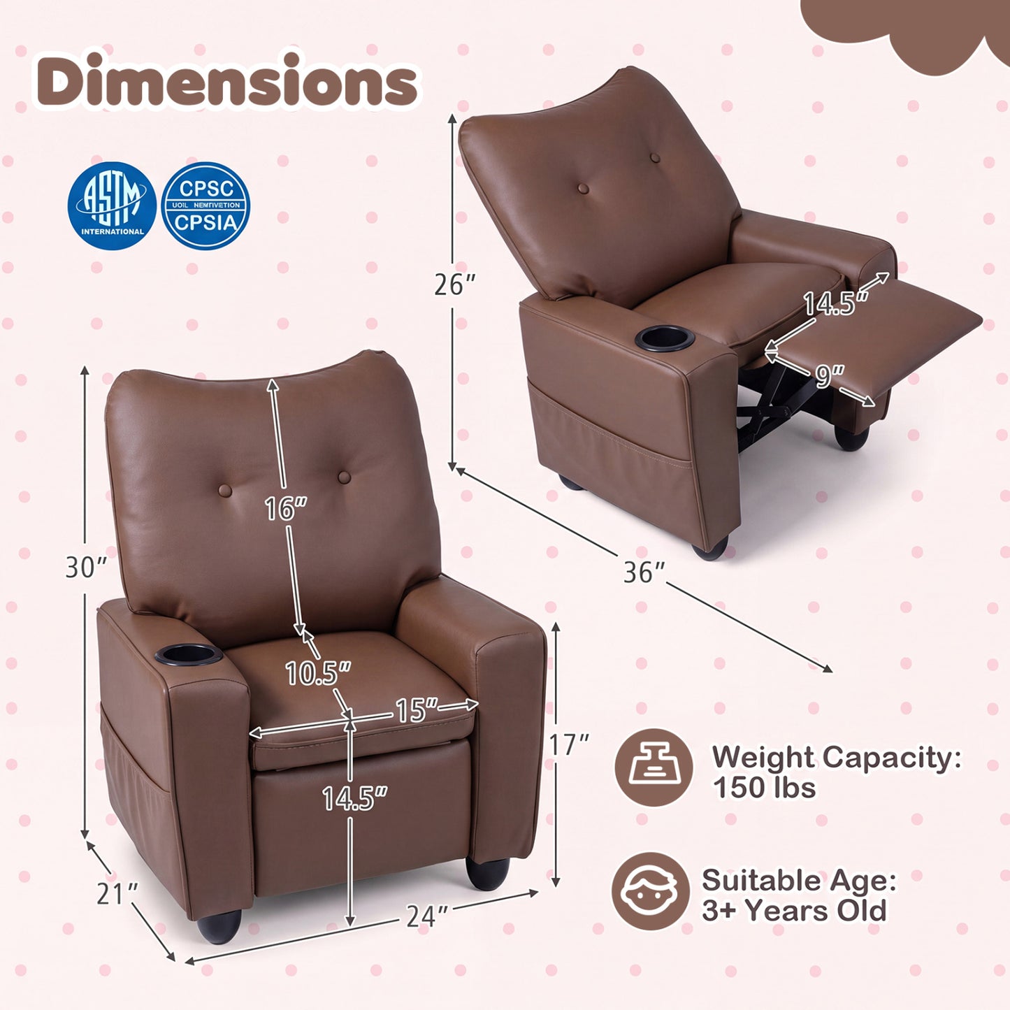 Fauteuil inclinable pour enfants avec porte-gobelet, dossier réglable, marron