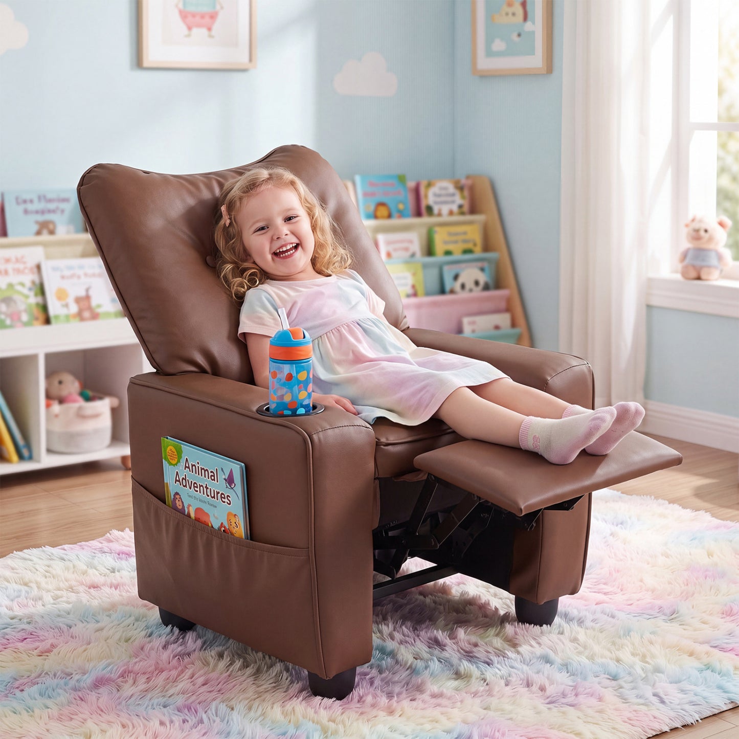 Fauteuil inclinable pour enfants avec porte-gobelet, dossier réglable, marron