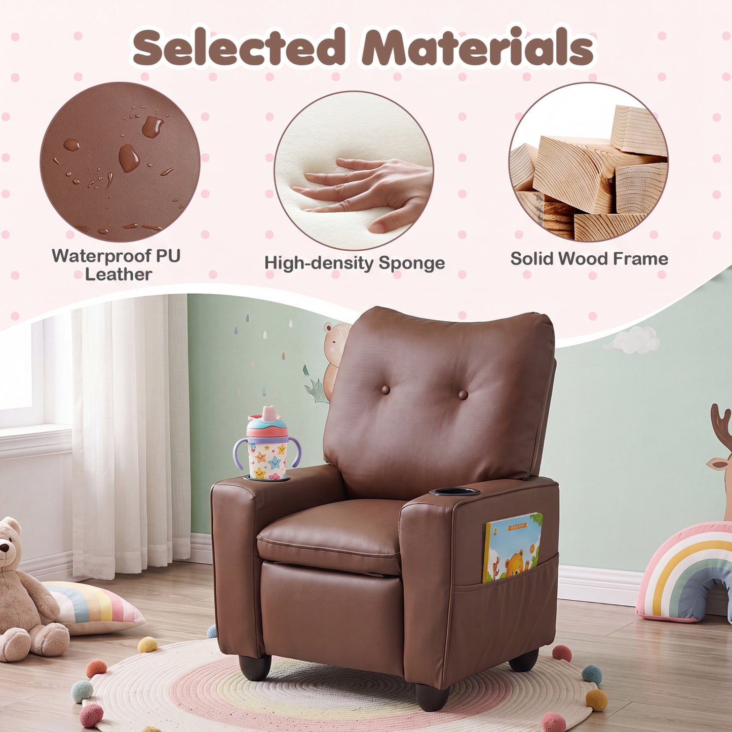 Fauteuil inclinable pour enfants avec porte-gobelet, dossier réglable, marron