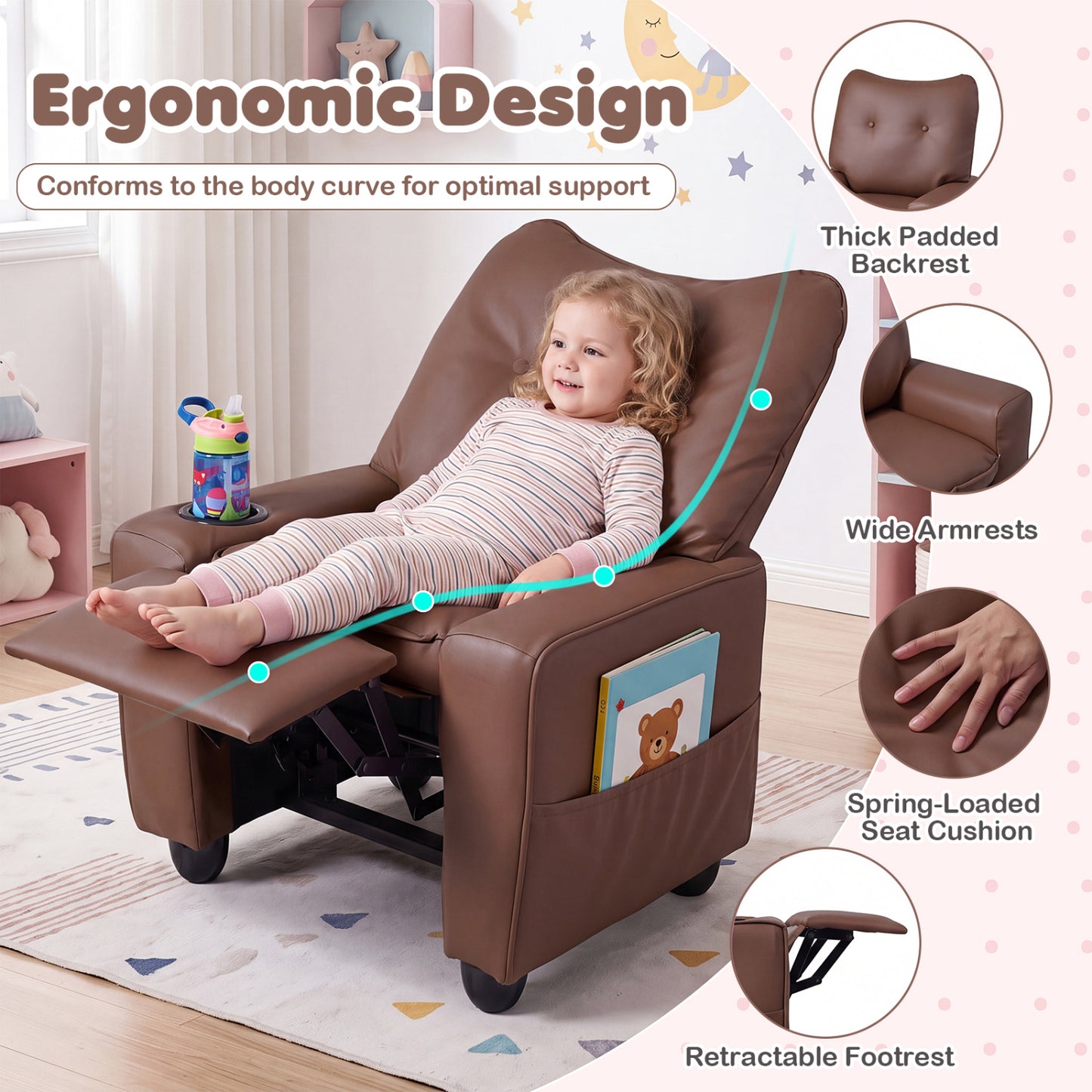 Fauteuil inclinable pour enfants avec porte-gobelet, dossier réglable, marron