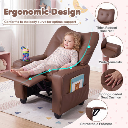 Fauteuil inclinable pour enfants avec porte-gobelet, dossier réglable, marron