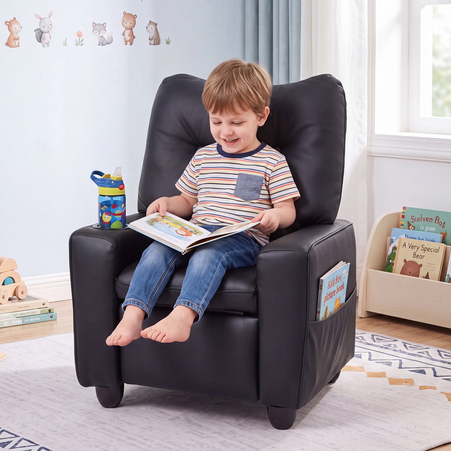 Accoudoirs avec porte-gobelets pour fauteuil inclinable pour enfants, dossier réglable, noir