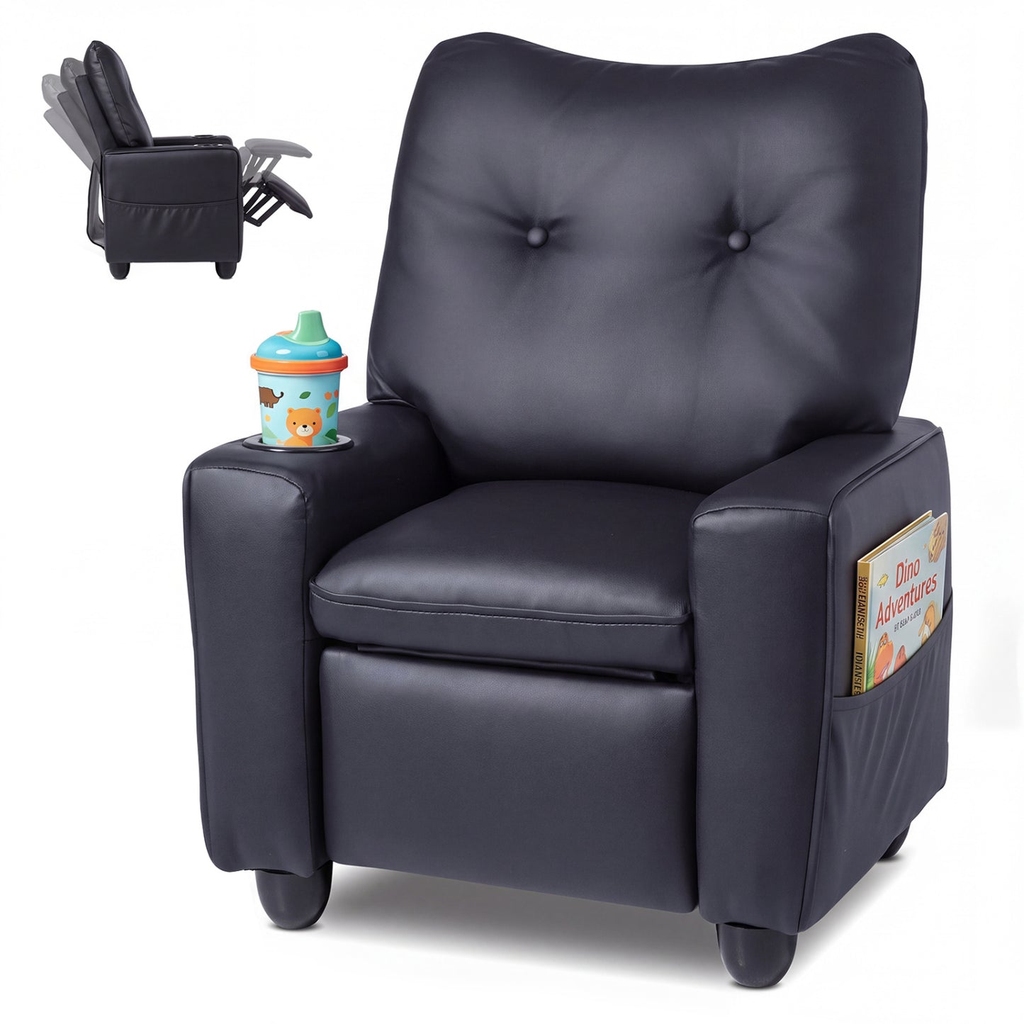 Accoudoirs avec porte-gobelets pour fauteuil inclinable pour enfants, dossier réglable, noir
