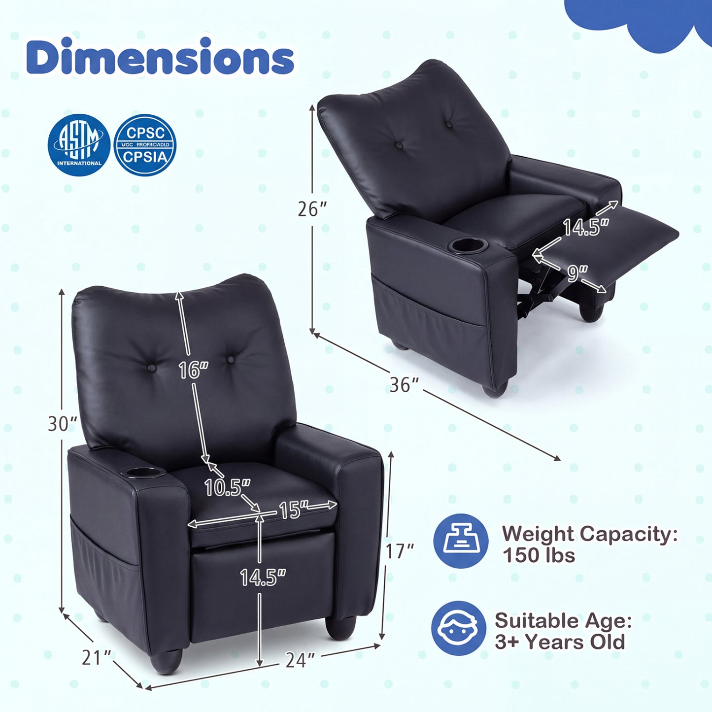 Accoudoirs avec porte-gobelets pour fauteuil inclinable pour enfants, dossier réglable, noir