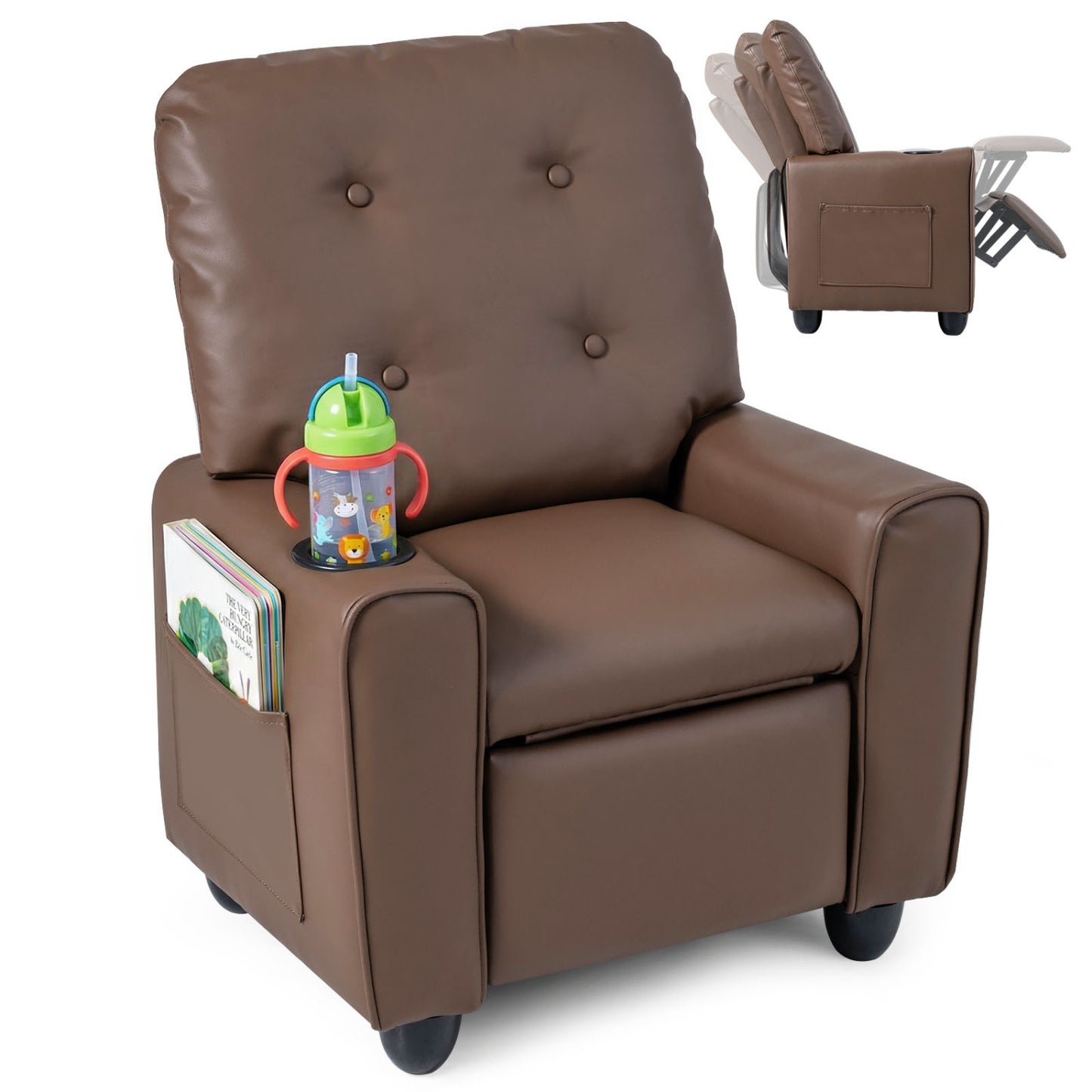 Fauteuil inclinable pour enfants avec porte-gobelet, accoudoirs, marron