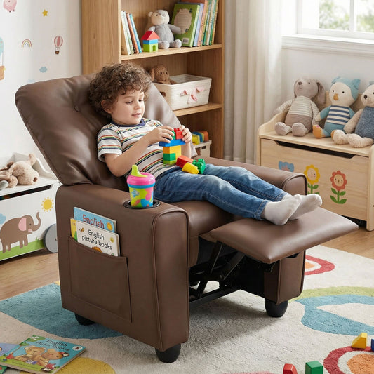 Kids Recliner with Cup Holder, Armrests, Brown Kids Chairs & Seating Brown at Gallery Canada