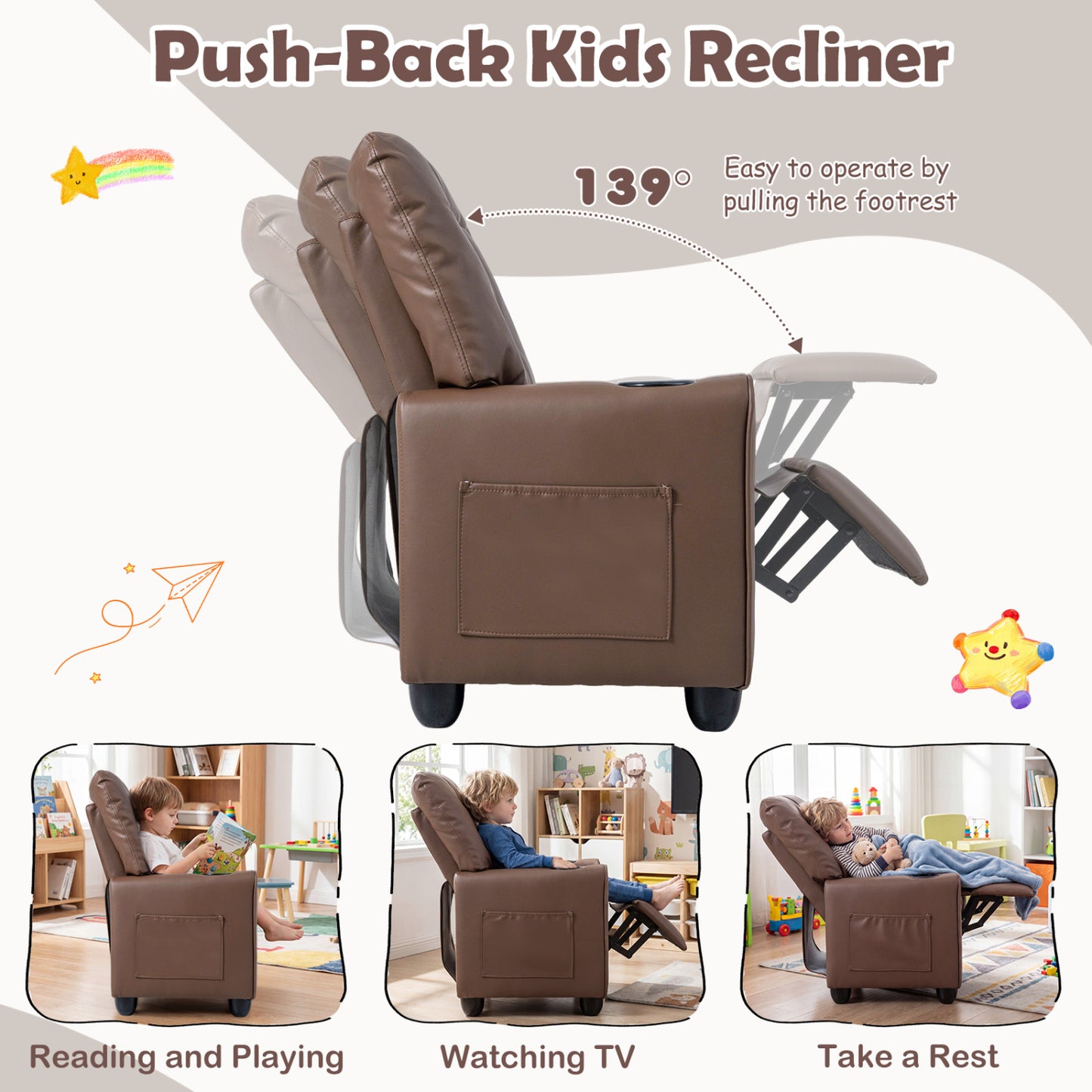 Fauteuil inclinable pour enfants avec porte-gobelet, accoudoirs, marron