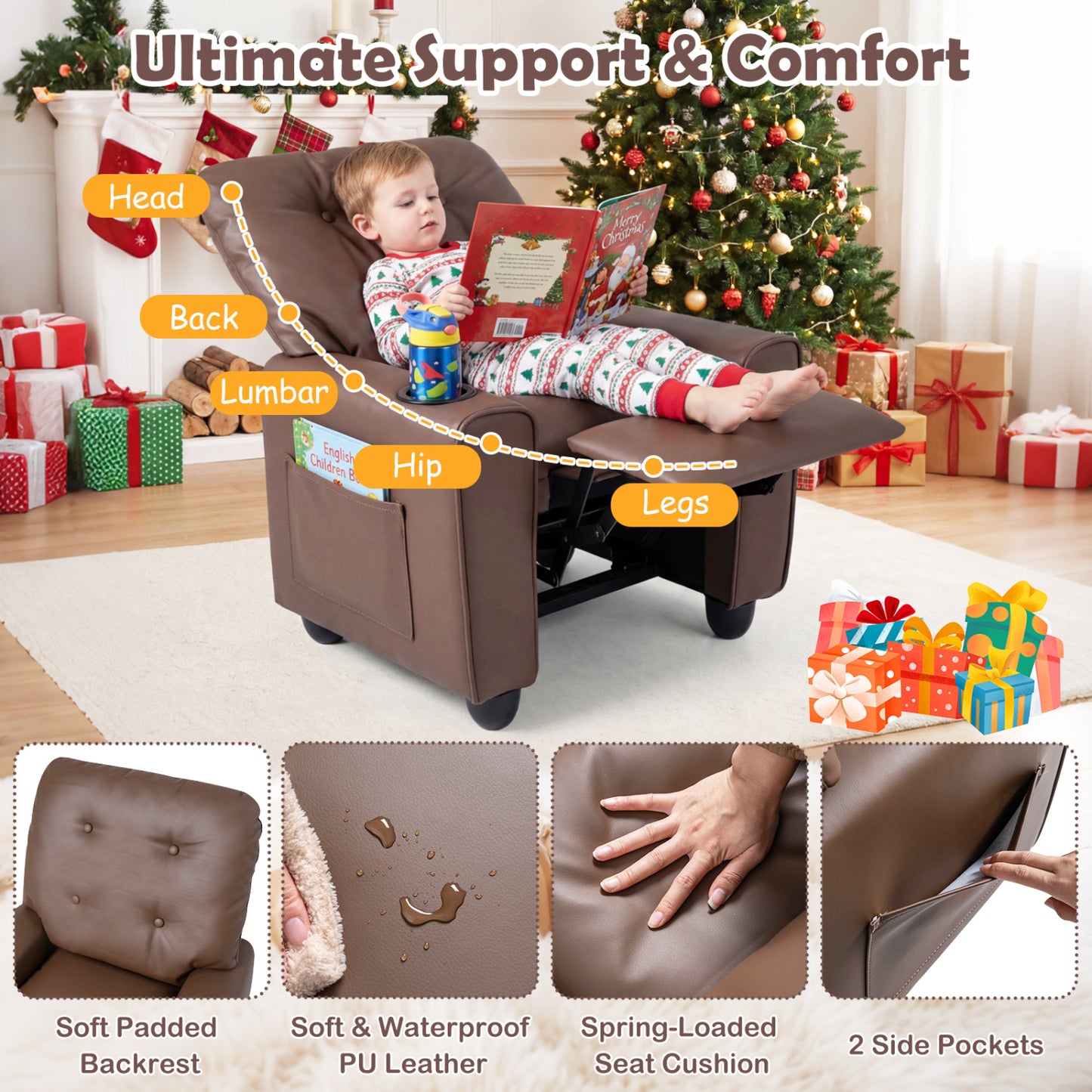 Fauteuil inclinable pour enfants avec porte-gobelet, accoudoirs, marron