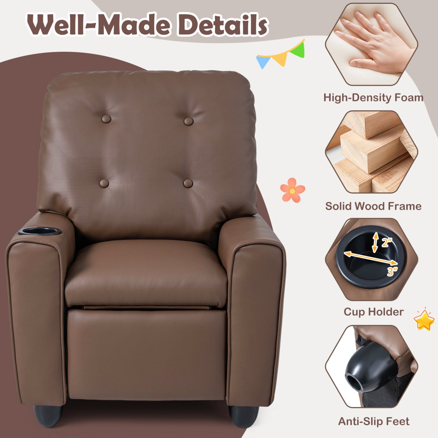 Fauteuil inclinable pour enfants avec porte-gobelet, accoudoirs, marron