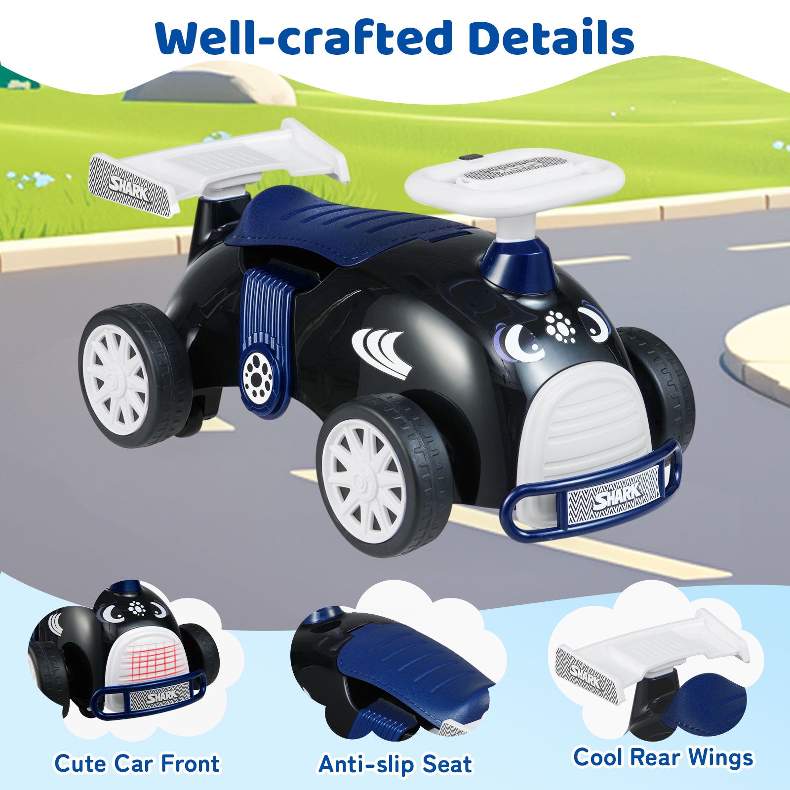 Kids Ride On Car Sliding Toy with Music and Under-Seat Storage, Black & Blue Push & Pedal Ride On Toys at Gallery Canada