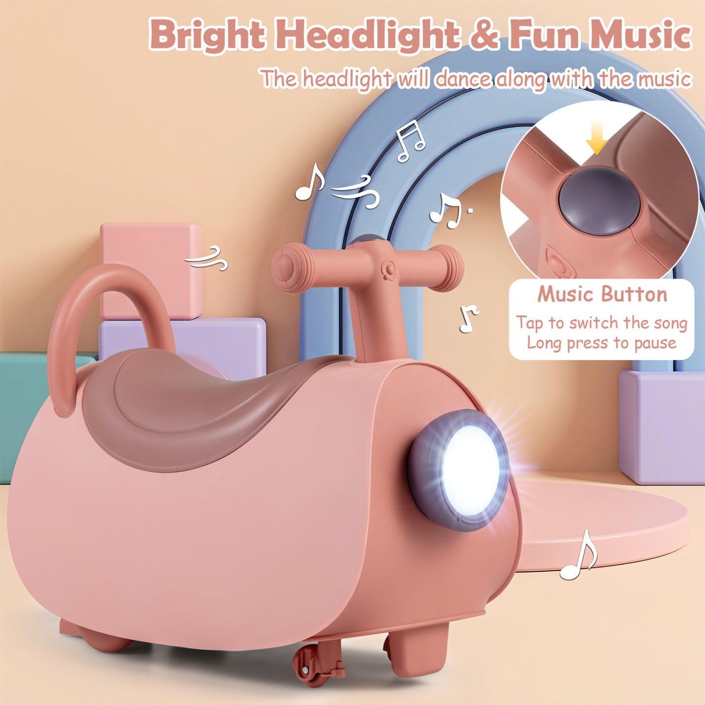 Voiture à pousser pour enfants avec phare, musique et rangement, rose
