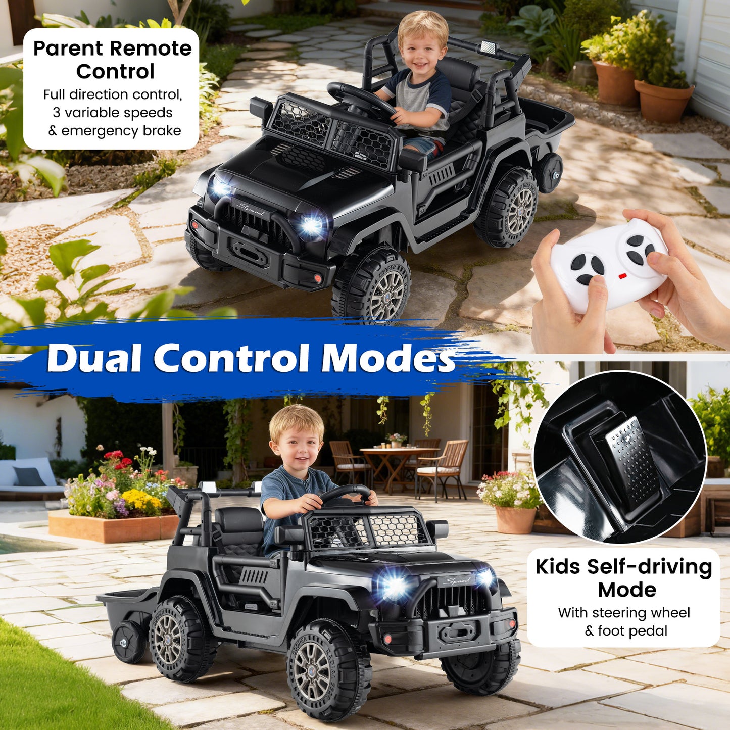 Kids Ride On UTV Car with Detachable Trailer 12V Battery Powered Ride On Truck, Black Powered Ride On Toys at Gallery Canada