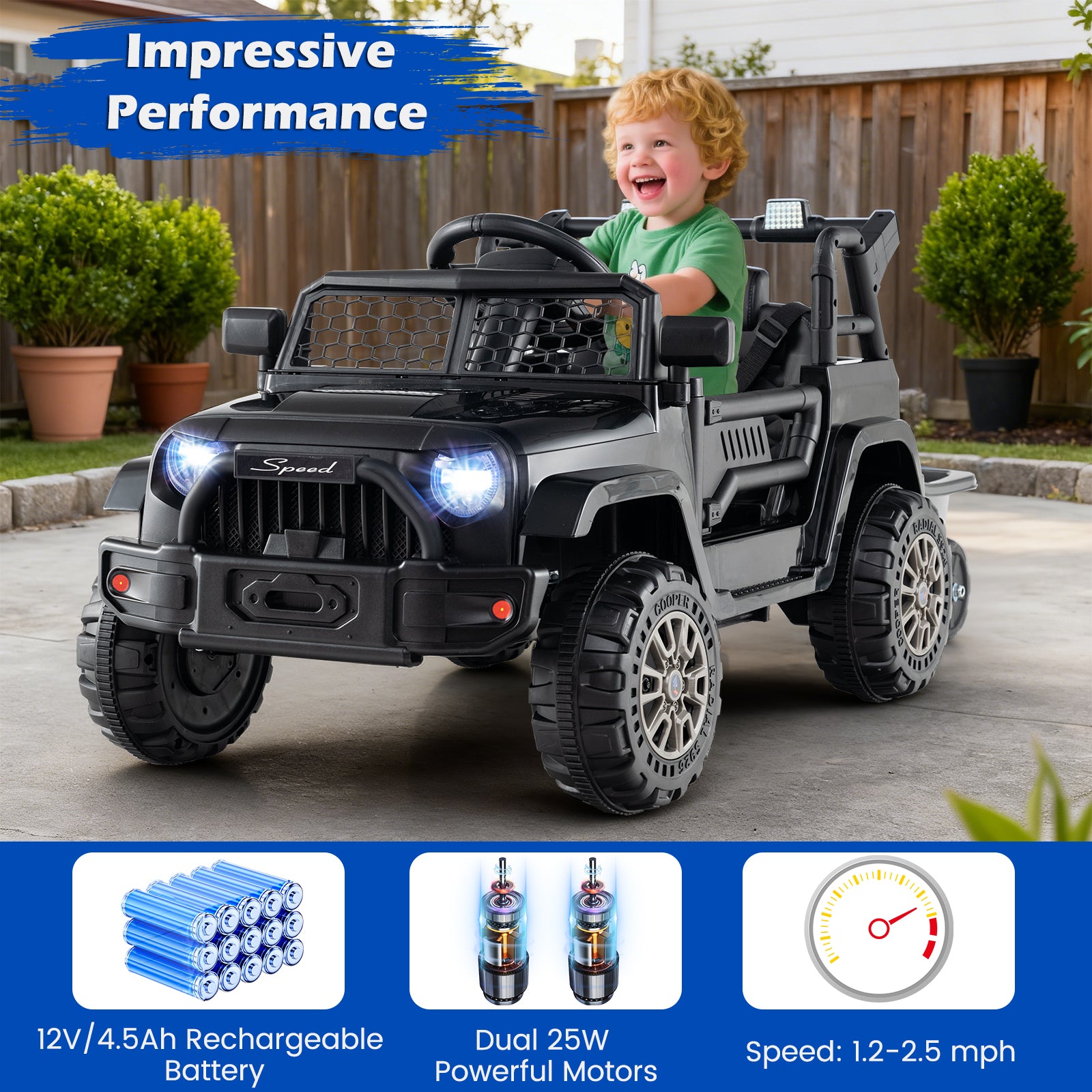 Kids Ride On UTV Car with Detachable Trailer 12V Battery Powered Ride On Truck, Black Powered Ride On Toys at Gallery Canada